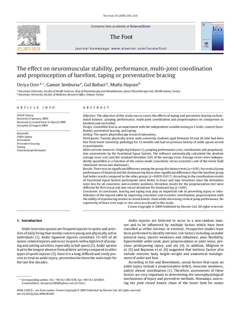 The effect on neuromuscular stability, performance, multi-joint coordination and proprioception of barefoot, taping or preventative bracing