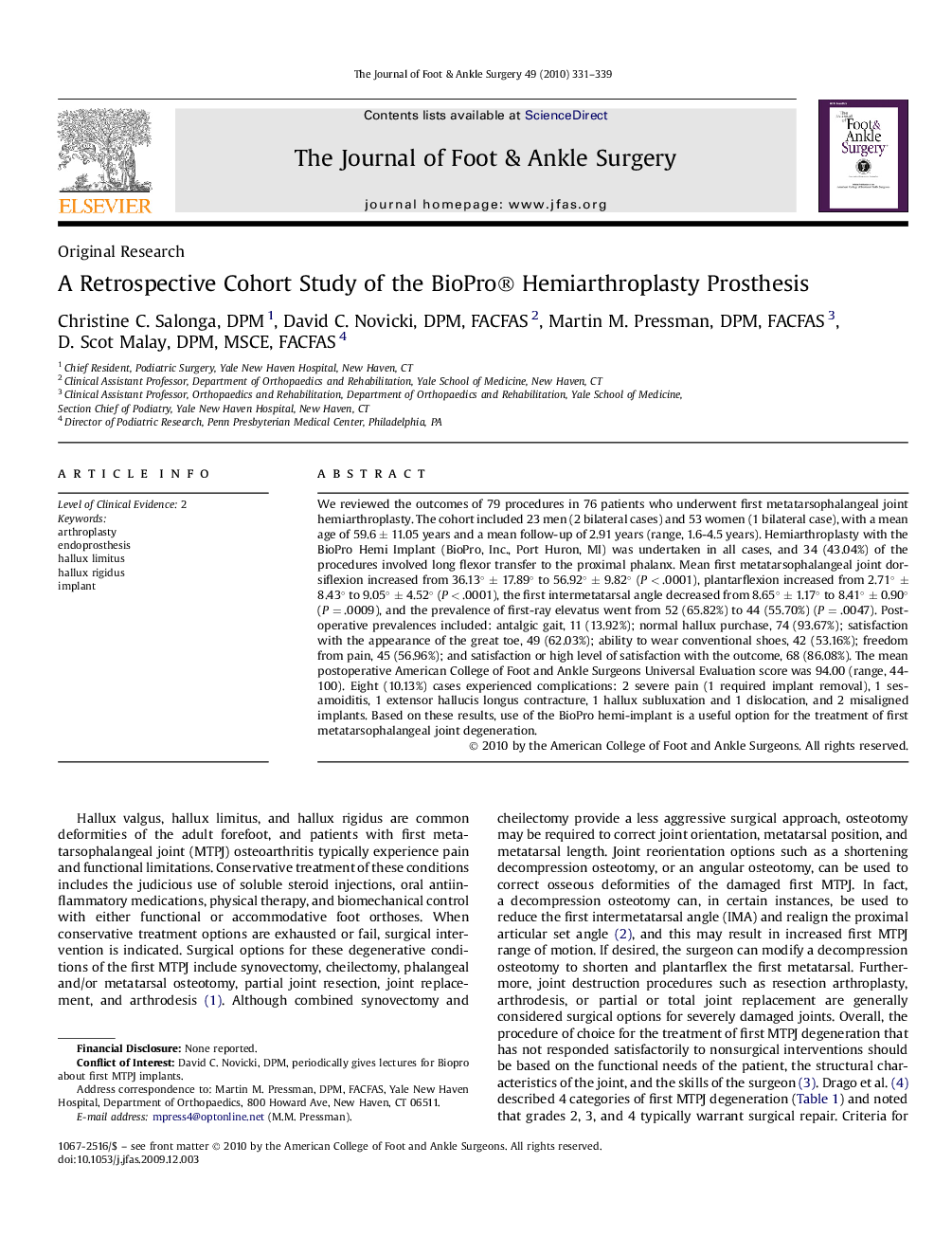 A Retrospective Cohort Study of the BioPro® Hemiarthroplasty Prosthesis 