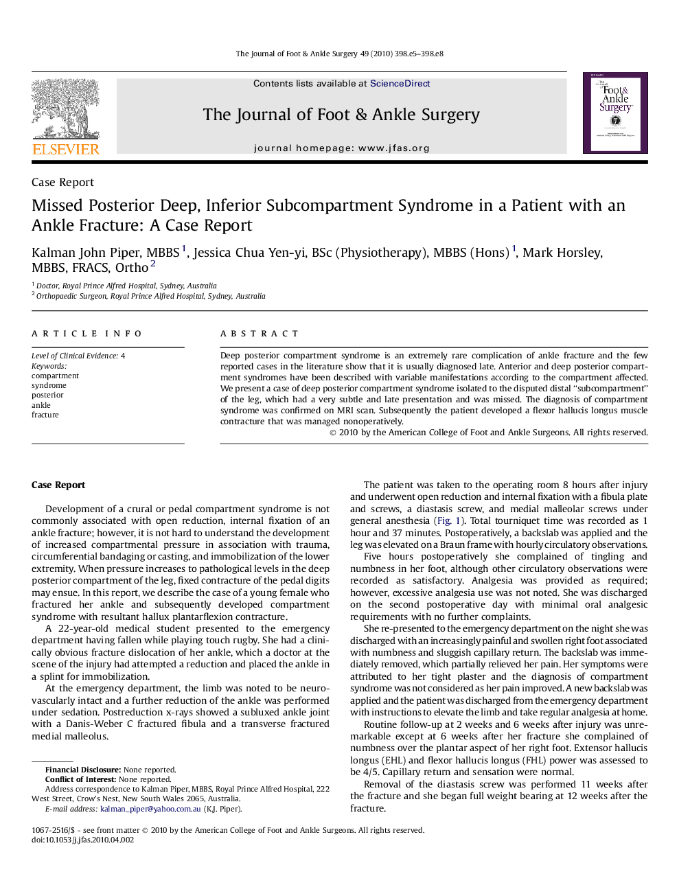 Missed Posterior Deep, Inferior Subcompartment Syndrome in a Patient with an Ankle Fracture: A Case Report