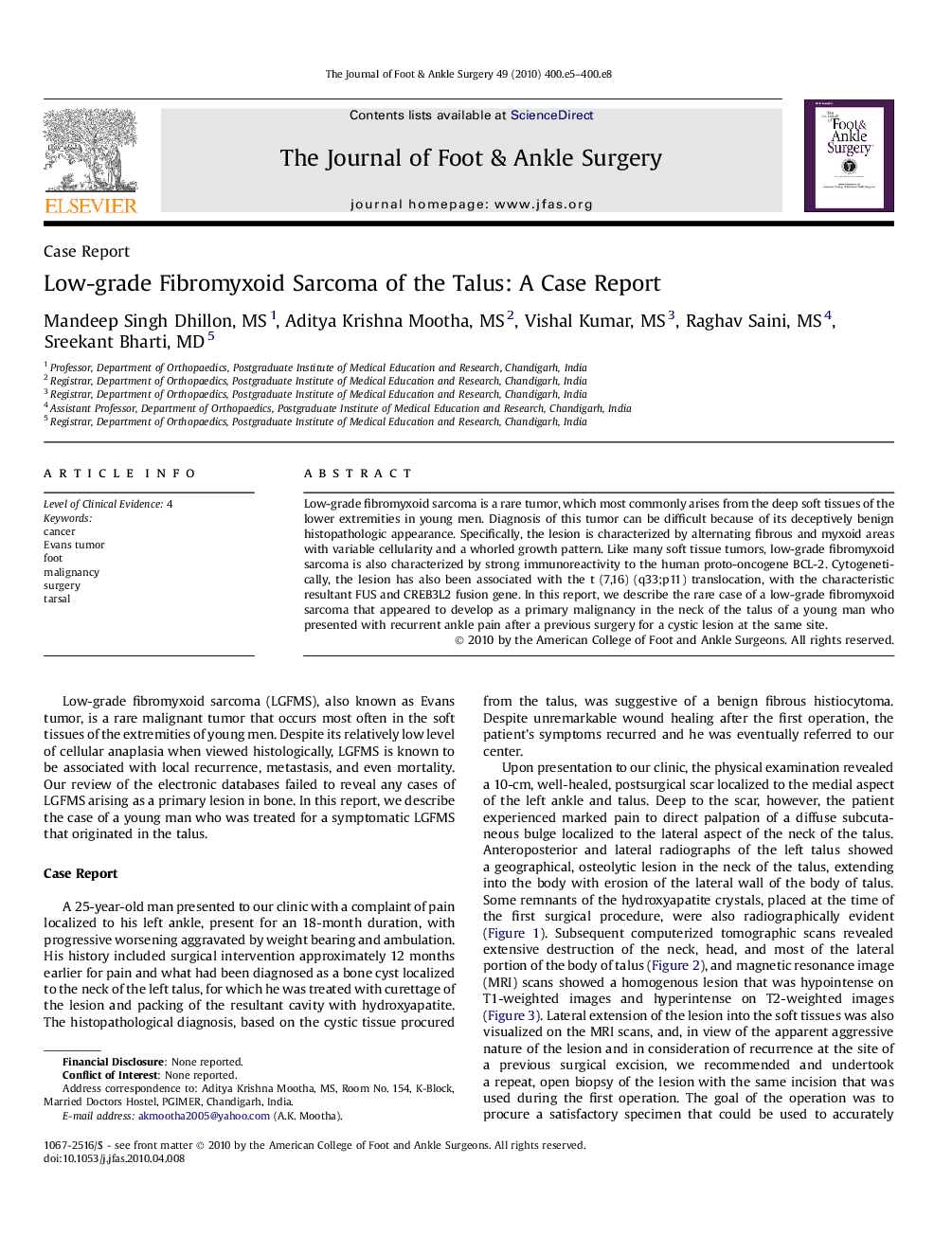 Low-grade Fibromyxoid Sarcoma of the Talus: A Case Report