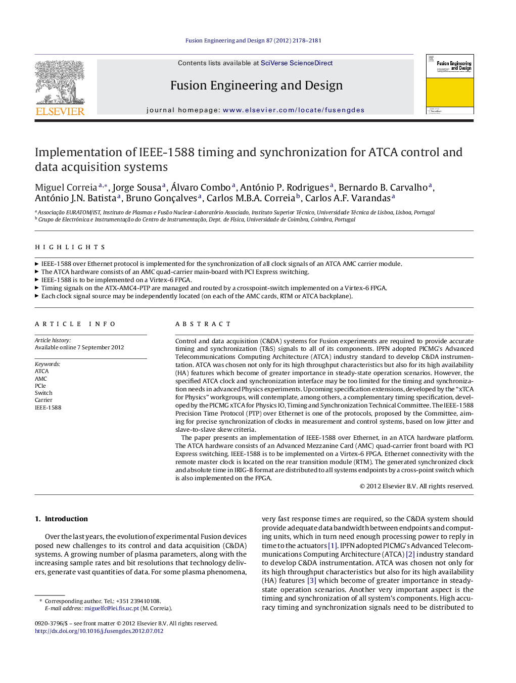 Implementation of IEEE-1588 timing and synchronization for ATCA control and data acquisition systems