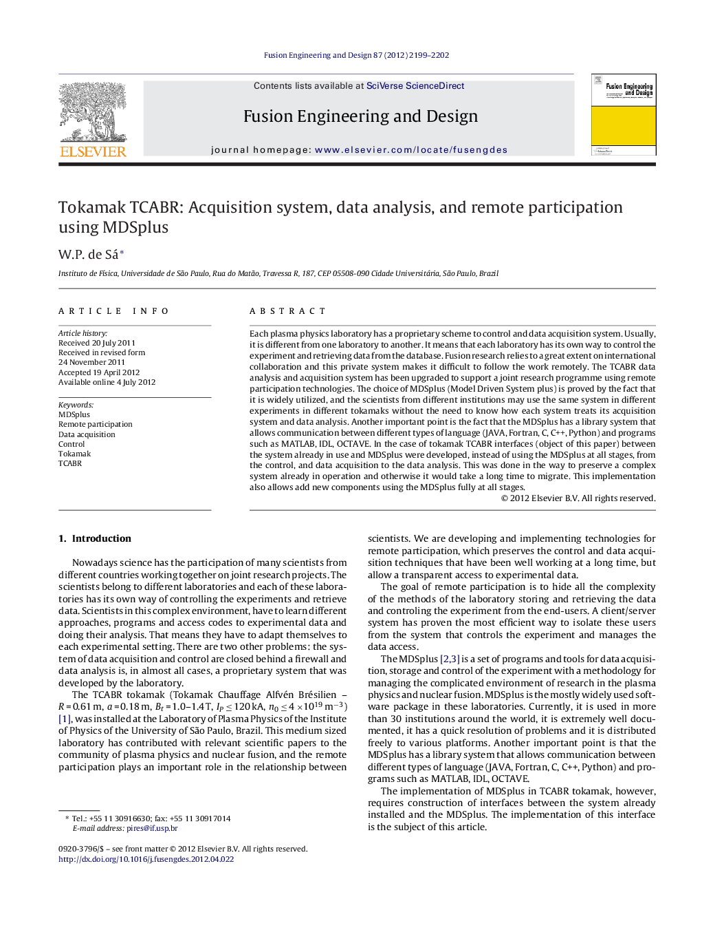 Tokamak TCABR: Acquisition system, data analysis, and remote participation using MDSplus