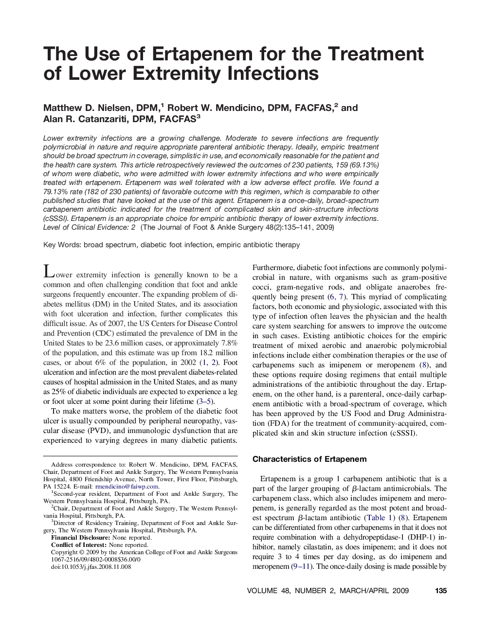 The Use of Ertapenem for the Treatment of Lower Extremity Infections 