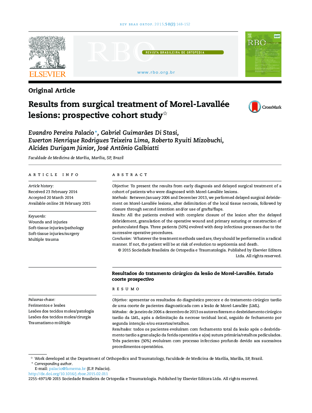 Results from surgical treatment of Morel-Lavallée lesions: prospective cohort study 