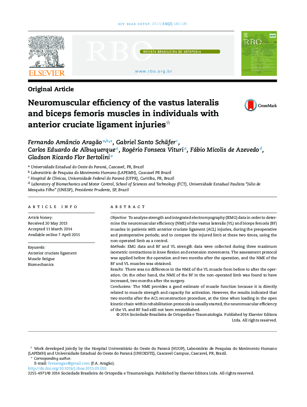 Neuromuscular efficiency of the vastus lateralis and biceps femoris muscles in individuals with anterior cruciate ligament injuries 