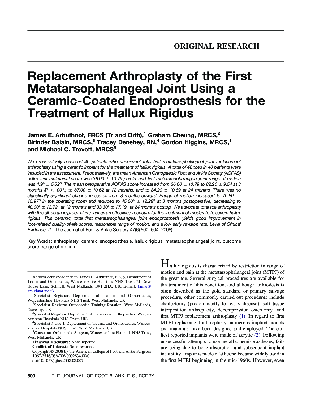 عکس صفحه اول مقاله: Replacement Arthroplasty of the First Metatarsophalangeal Joint Using a Ceramic-Coated Endoprosthesis for the Treatment of Hallux Rigidus Replacement Arthroplasty of the First Metatarsophalangeal Joint Using a Ceramic-Coated Endoprosthesis for the Treatment of Hallux Rigidus