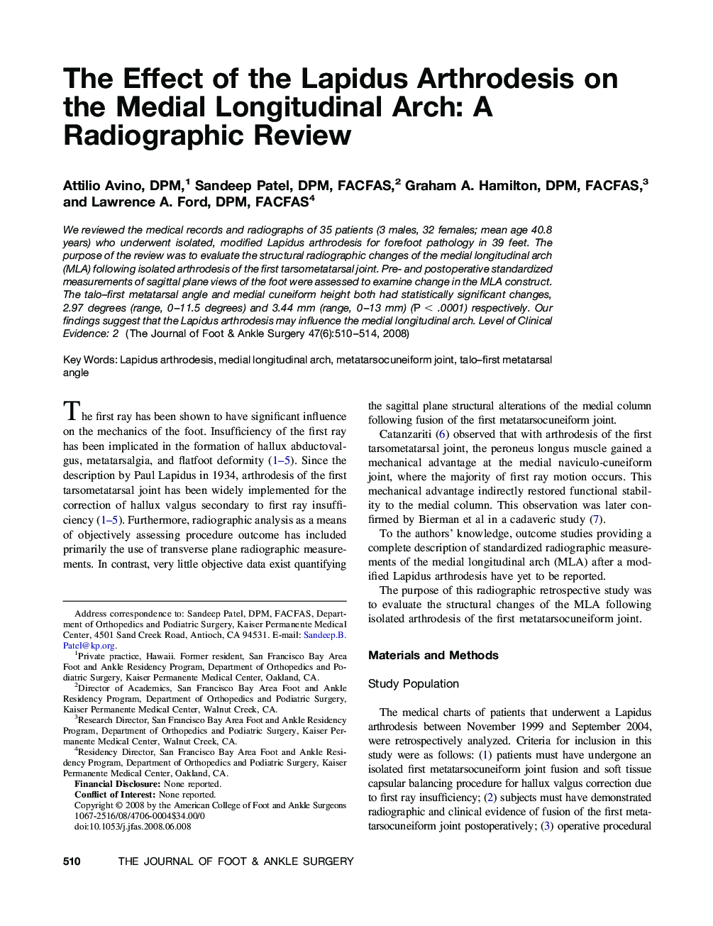 The Effect of the Lapidus Arthrodesis on the Medial Longitudinal Arch: A Radiographic Review 