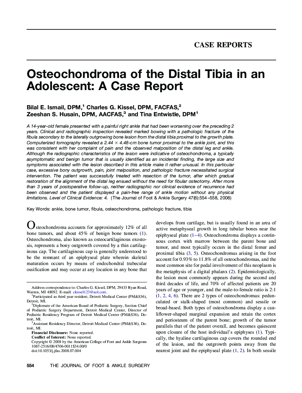 عکس صفحه اول مقاله: Osteochondroma of the Distal Tibia in an Adolescent: A Case Report Osteochondroma of the Distal Tibia in an Adolescent: A Case Report