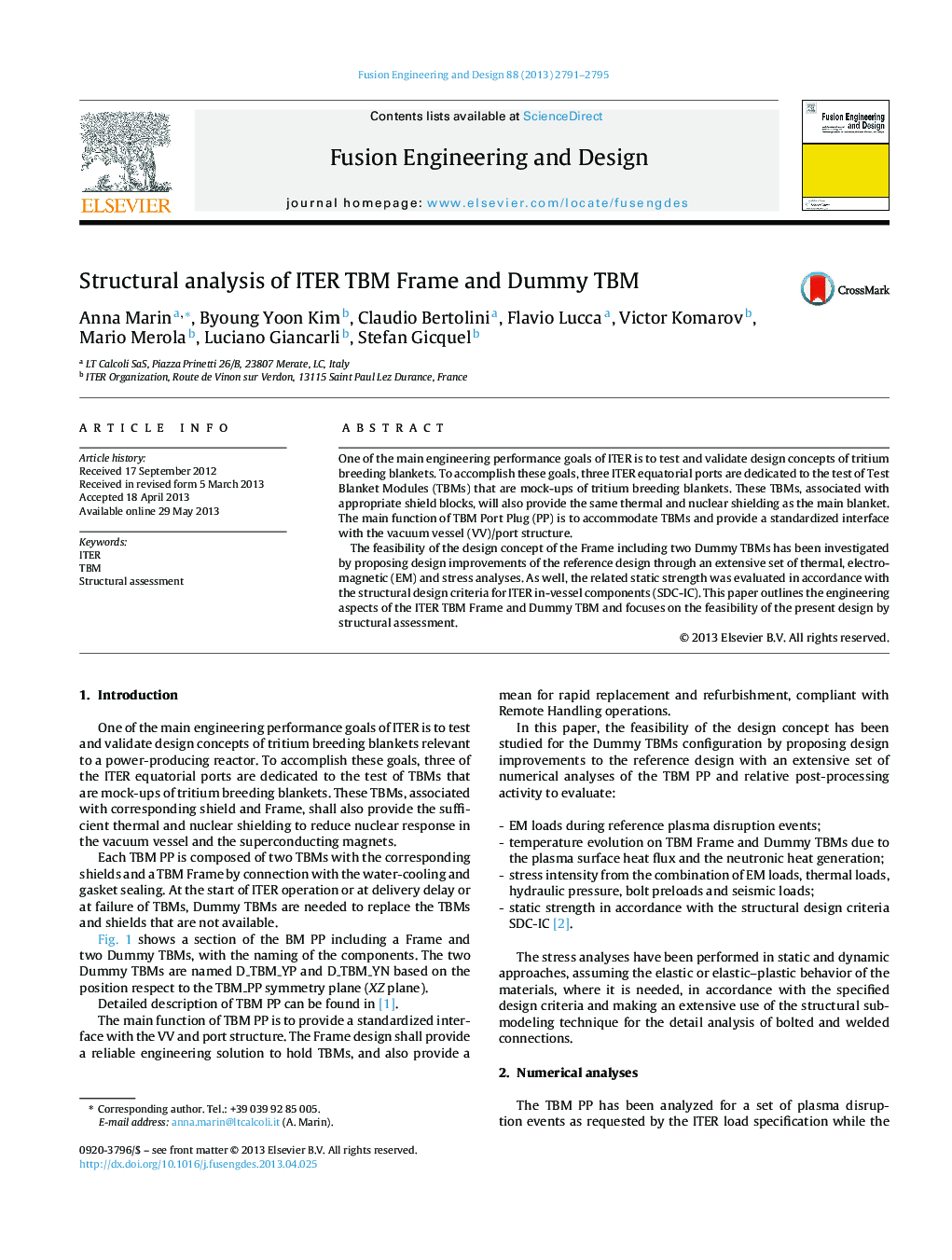 Structural analysis of ITER TBM Frame and Dummy TBM