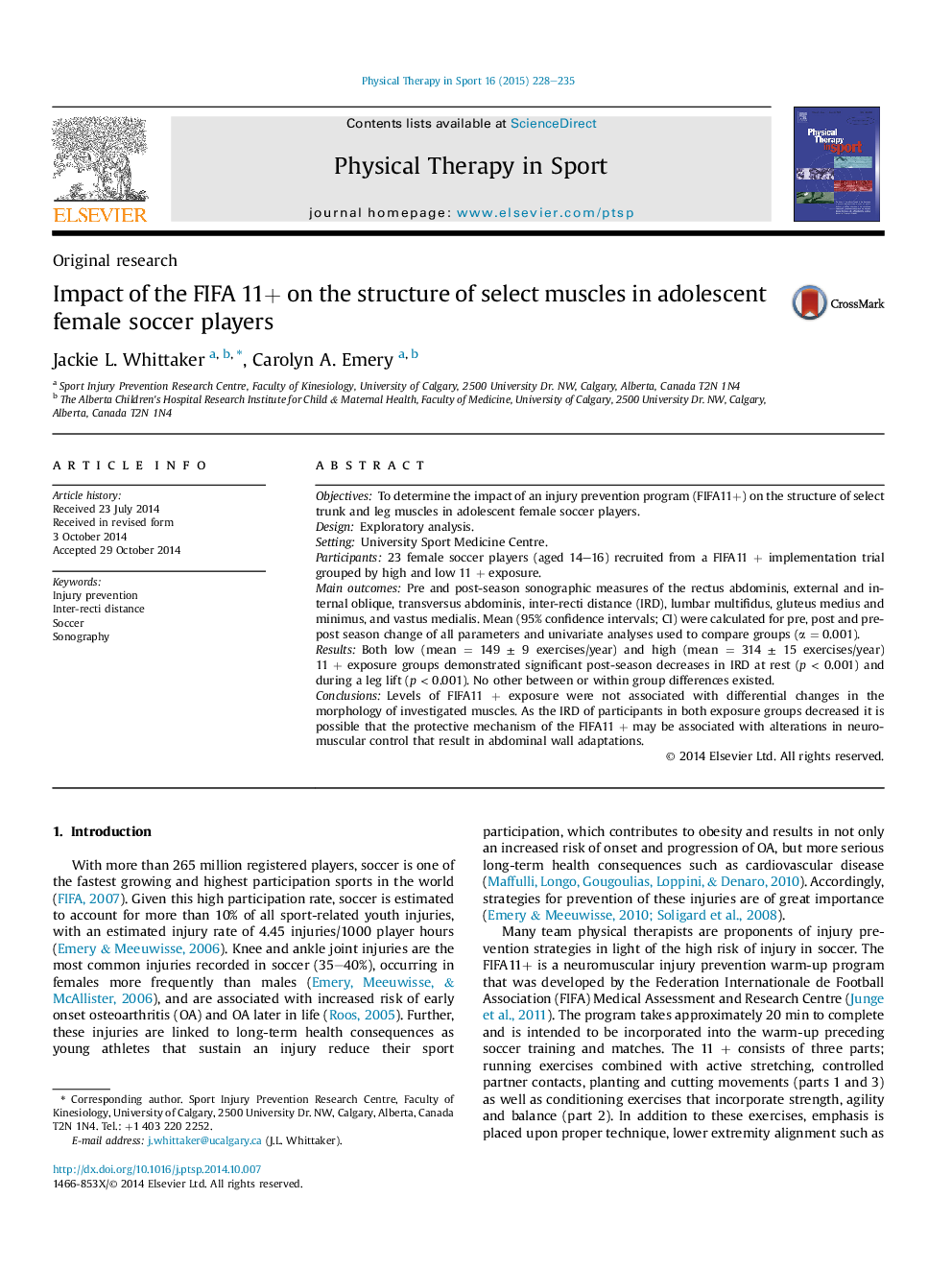 Impact of the FIFA 11+ on the structure of select muscles in adolescent female soccer players