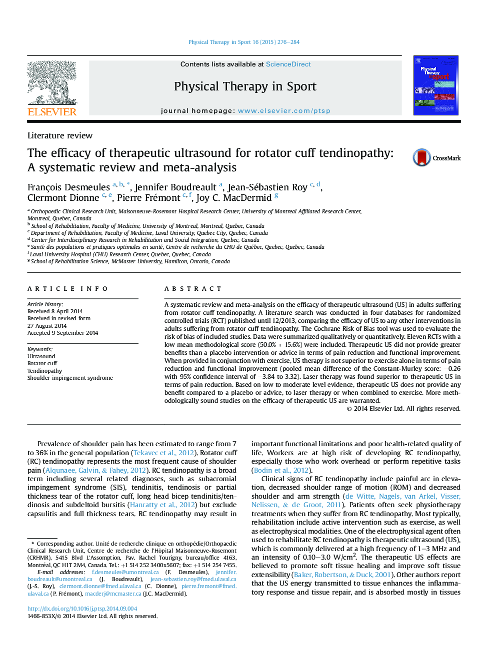 The efficacy of therapeutic ultrasound for rotator cuff tendinopathy: A systematic review and meta-analysis