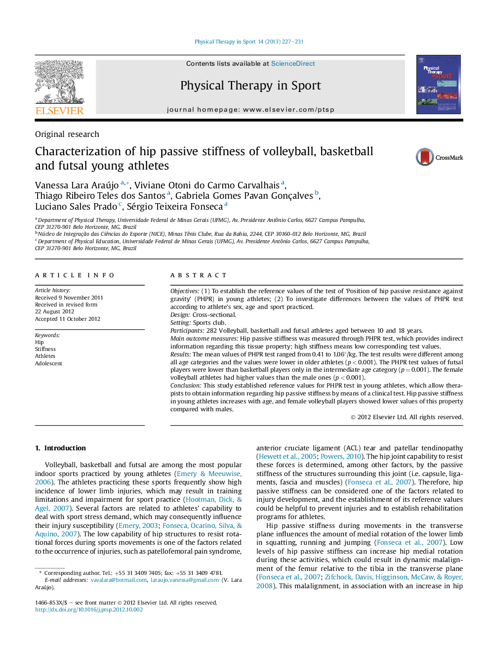 Characterization of hip passive stiffness of volleyball, basketball and futsal young athletes