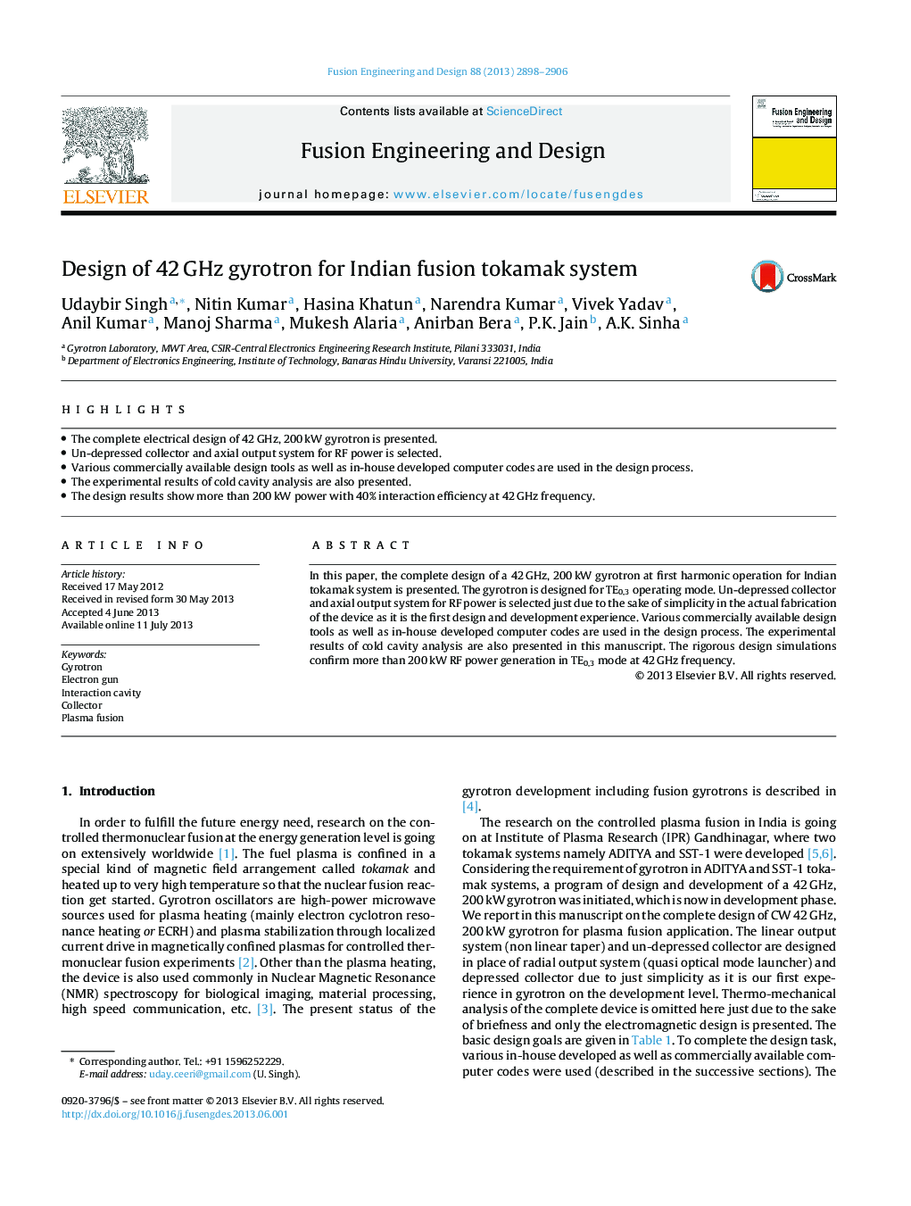 Design of 42 GHz gyrotron for Indian fusion tokamak system