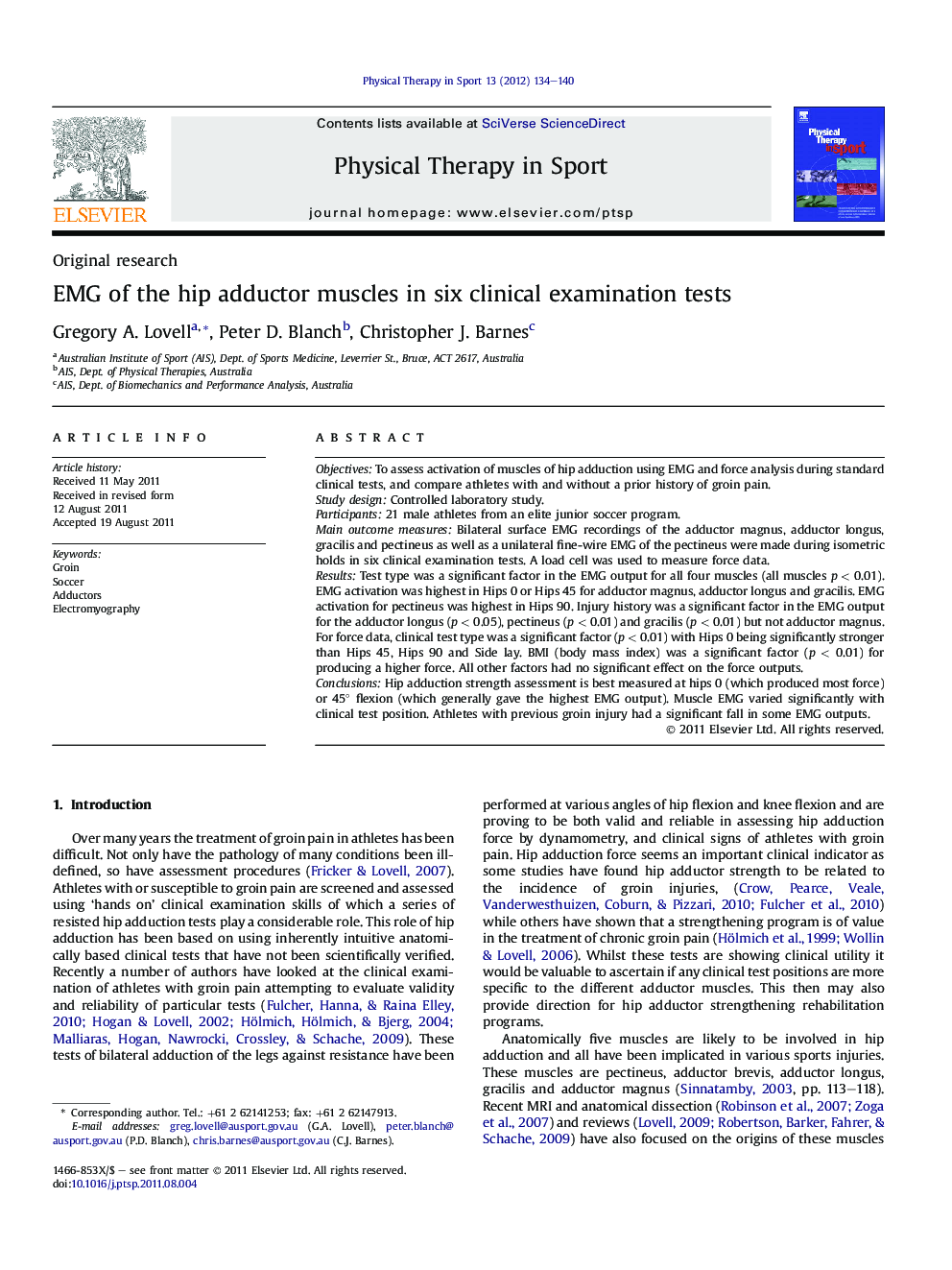 EMG of the hip adductor muscles in six clinical examination tests