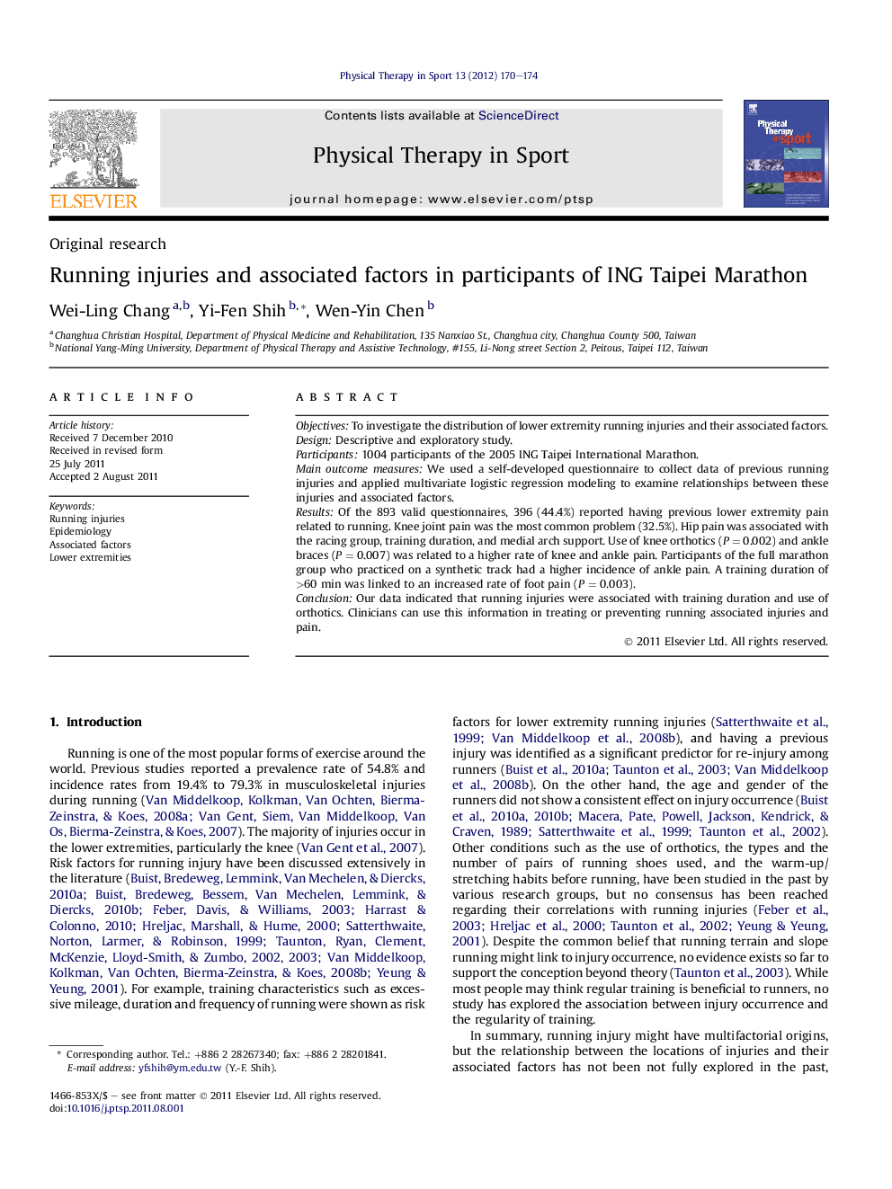 Running injuries and associated factors in participants of ING Taipei Marathon