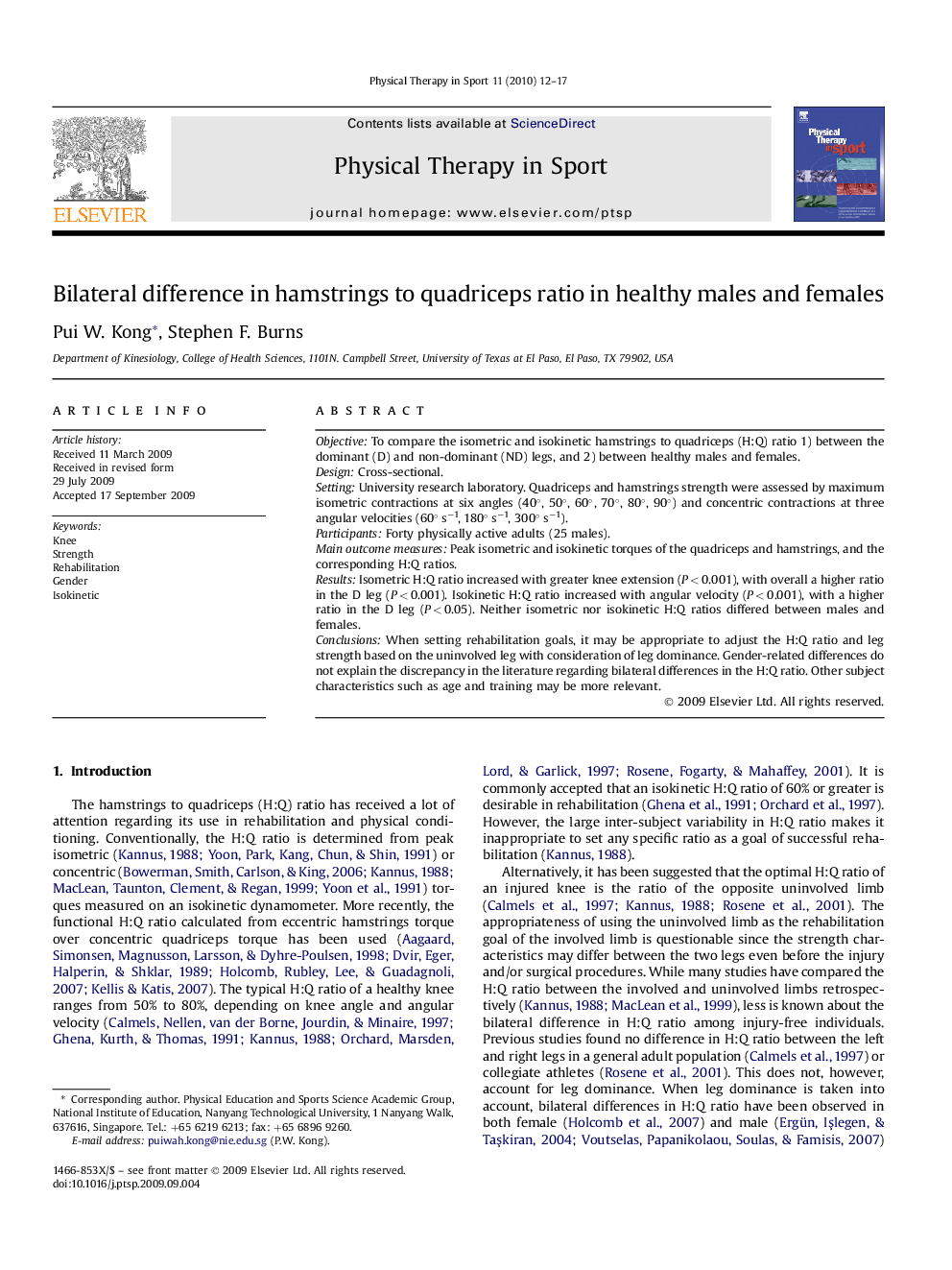 Bilateral difference in hamstrings to quadriceps ratio in healthy males and females