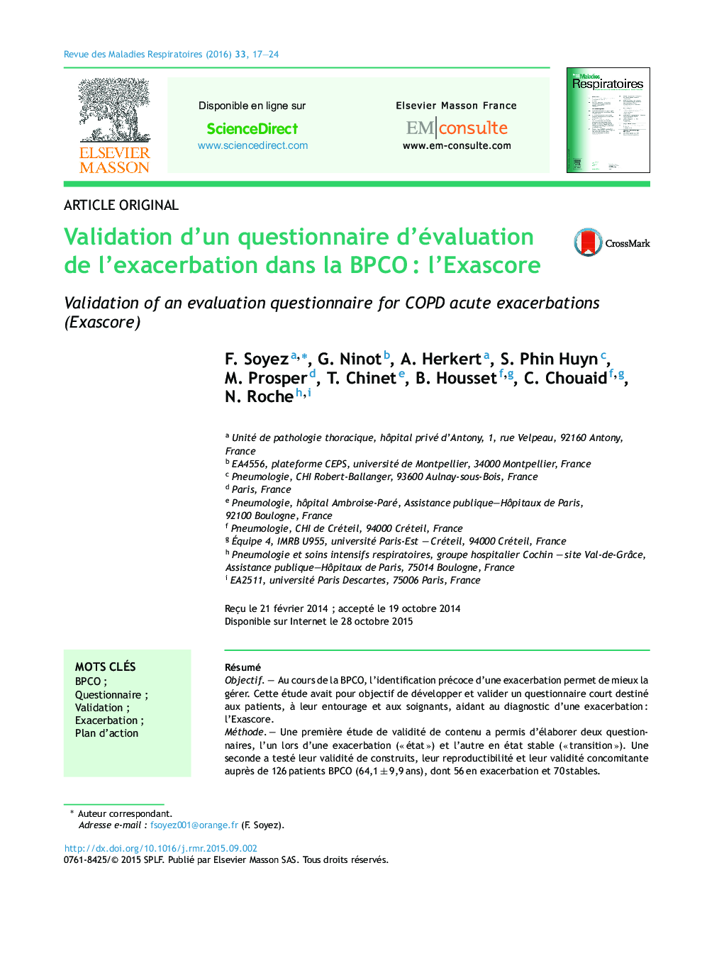 Validation d'un questionnaire d'évaluation de l'exacerbation dans la BPCOÂ : l'Exascore