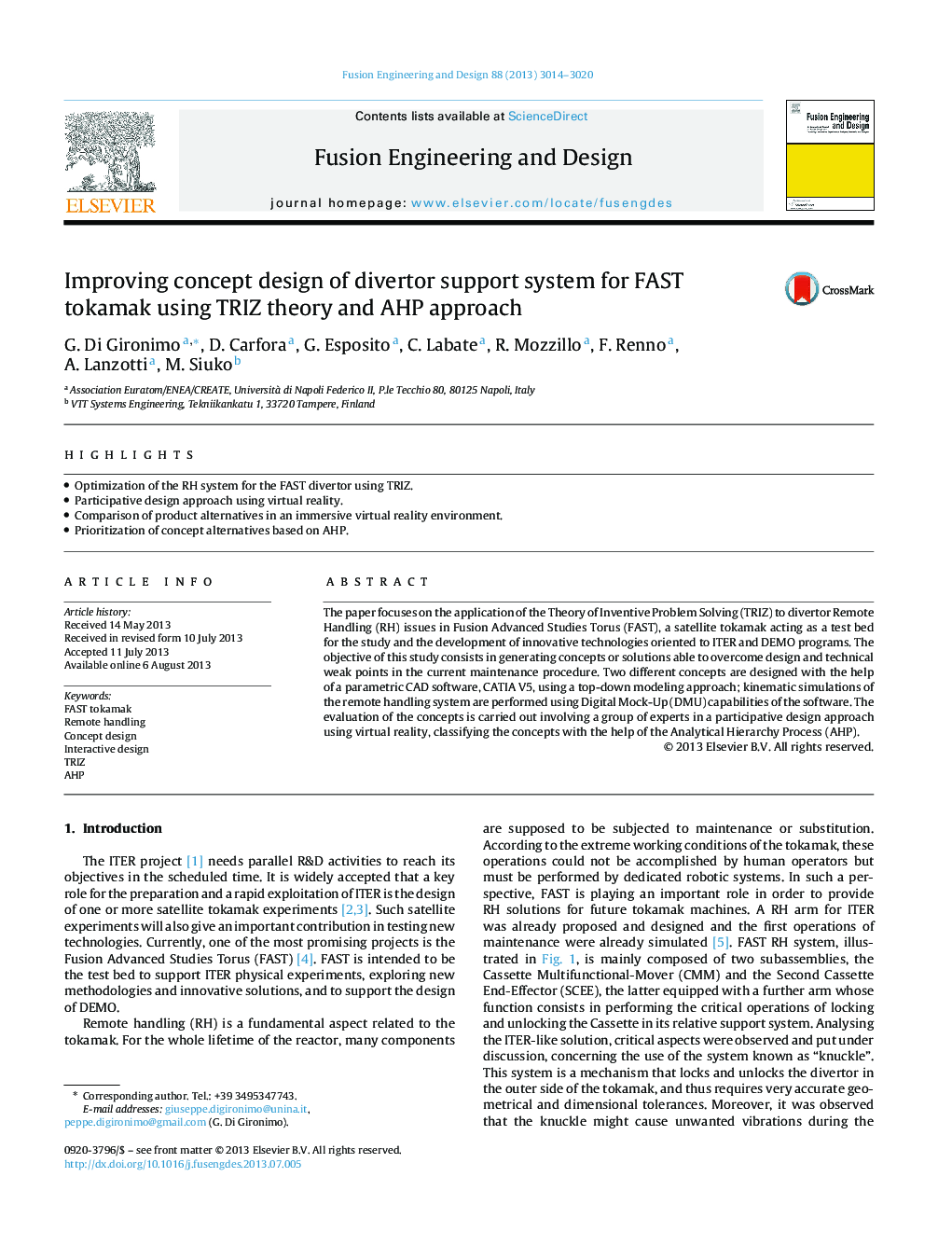 Improving concept design of divertor support system for FAST tokamak using TRIZ theory and AHP approach