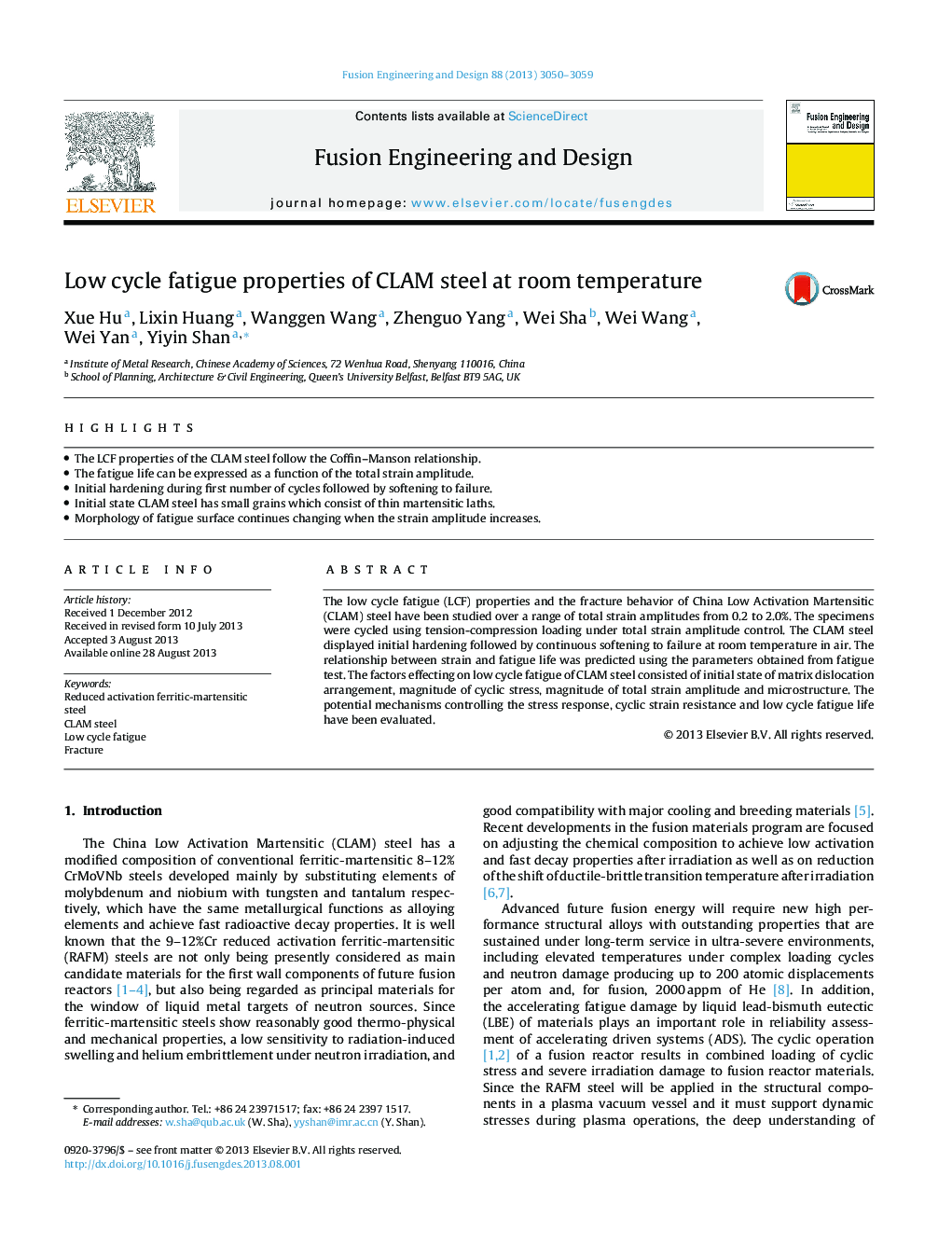 Low cycle fatigue properties of CLAM steel at room temperature