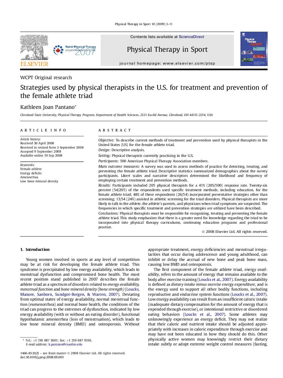 Strategies used by physical therapists in the U.S. for treatment and prevention of the female athlete triad