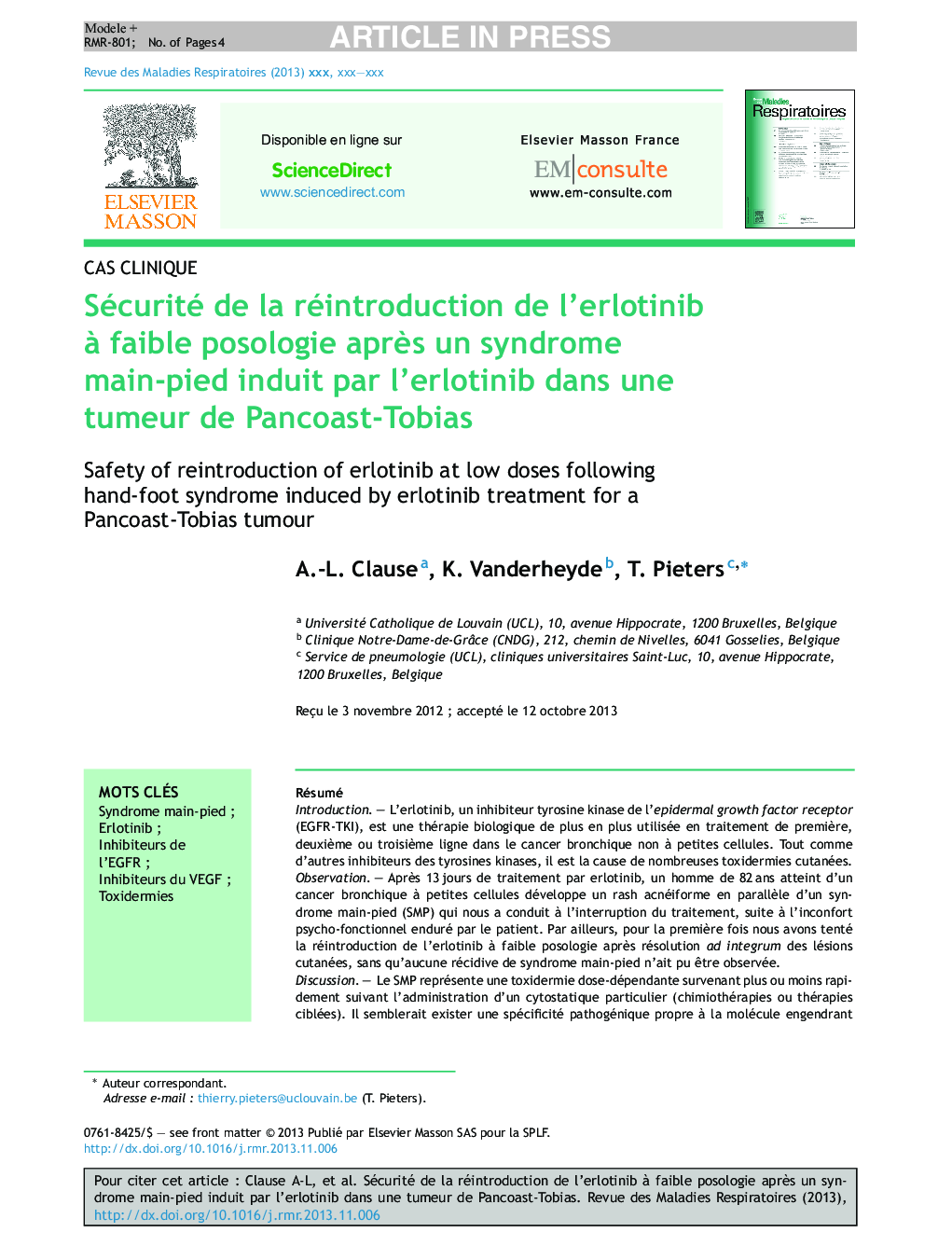 Sécurité de la réintroduction de l'erlotinib Ã  faible posologie aprÃ¨s un syndrome main-pied induit par l'erlotinib dans une tumeur de Pancoast-Tobias