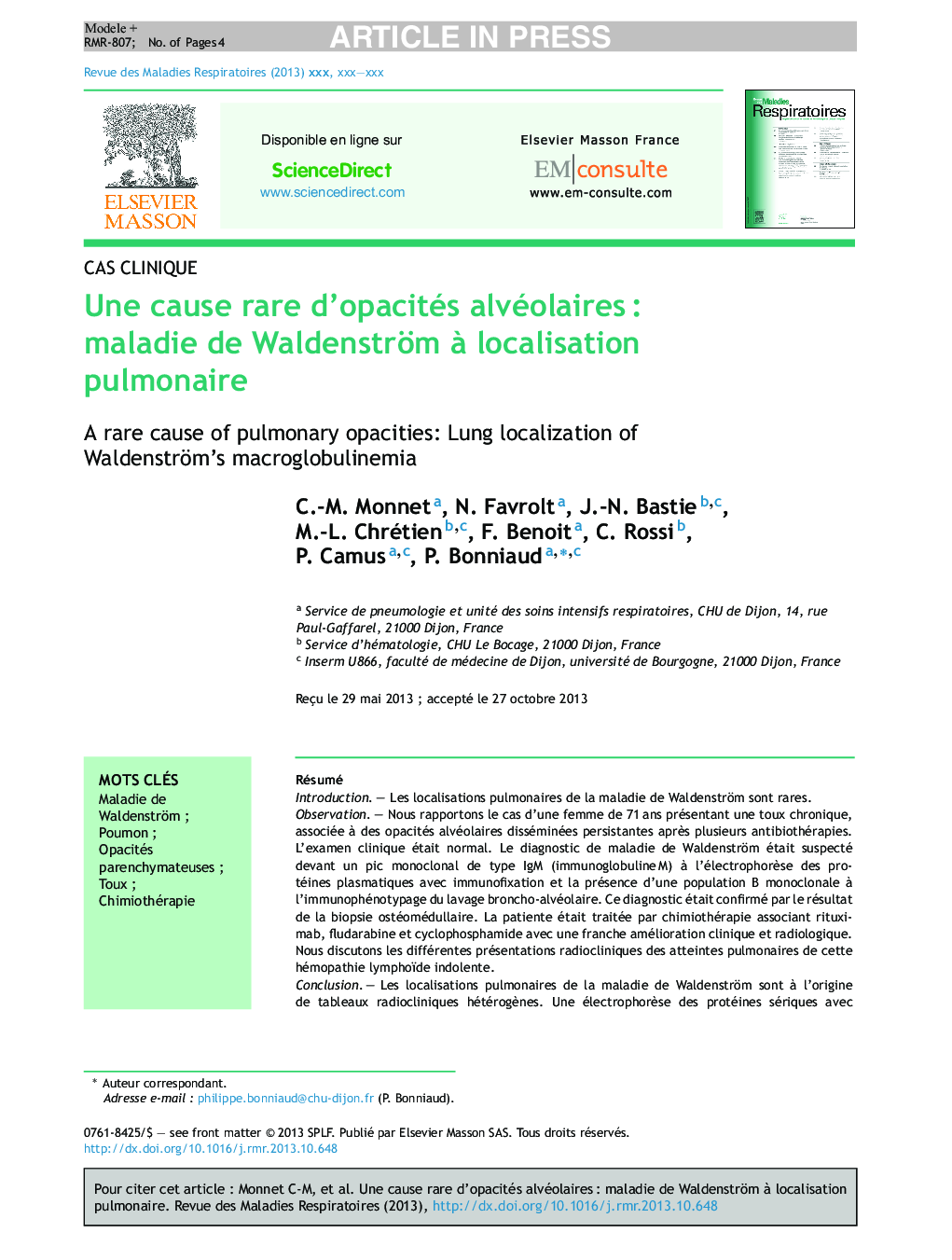 Une cause rare d'opacités alvéolairesÂ : maladie de Waldenström Ã  localisation pulmonaire