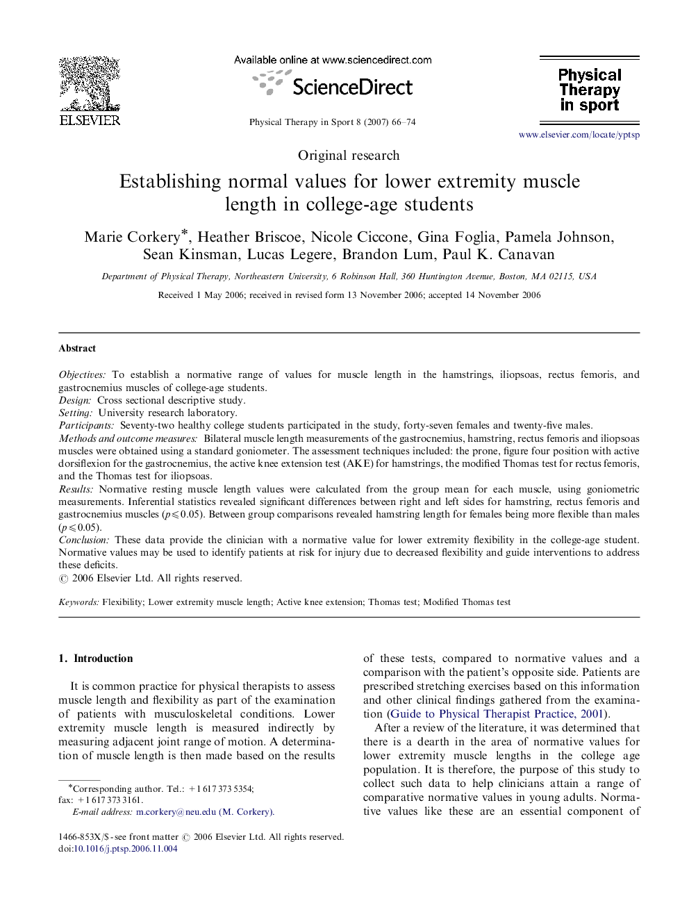 Establishing normal values for lower extremity muscle length in college-age students