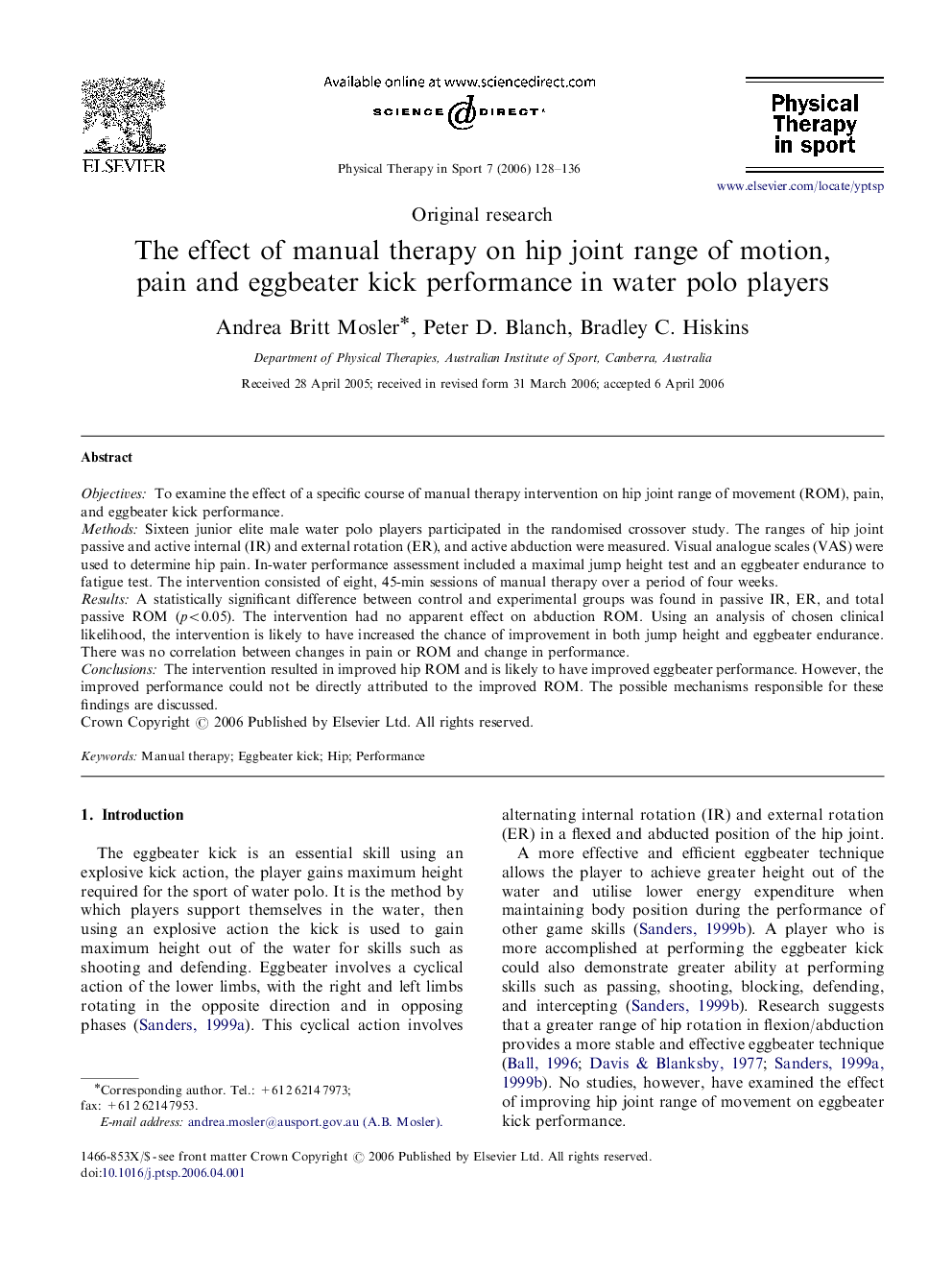 The effect of manual therapy on hip joint range of motion, pain and eggbeater kick performance in water polo players