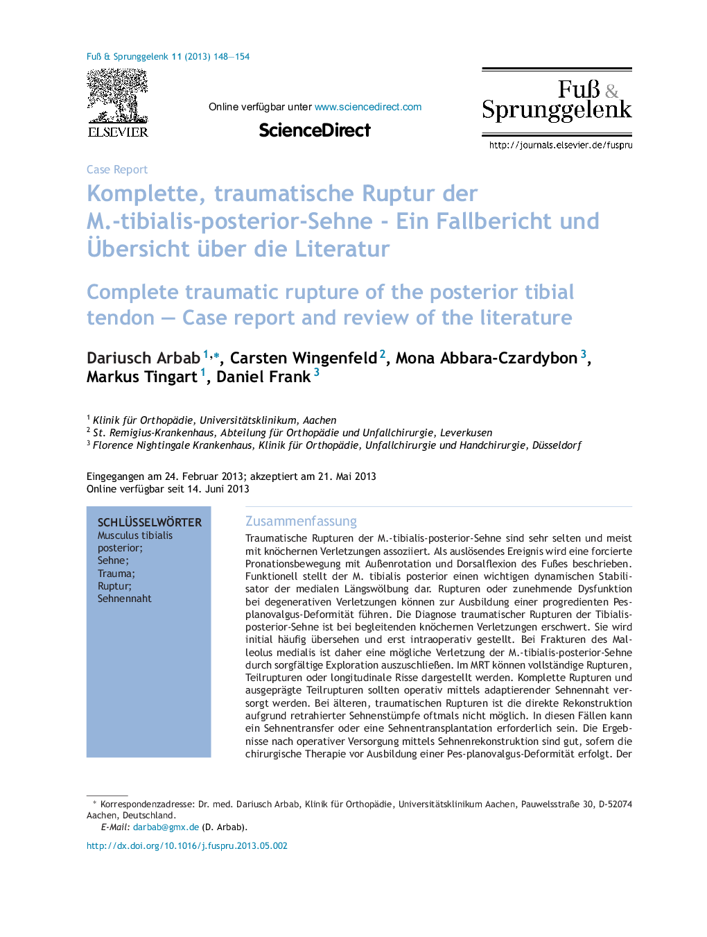 عکس صفحه اول مقاله: Komplette, traumatische Ruptur der M.-tibialis-posterior-Sehne - Ein Fallbericht und Übersicht über die Literatur Komplette, traumatische Ruptur der M.-tibialis-posterior-Sehne - Ein Fallbericht und Übersicht über die Literatur