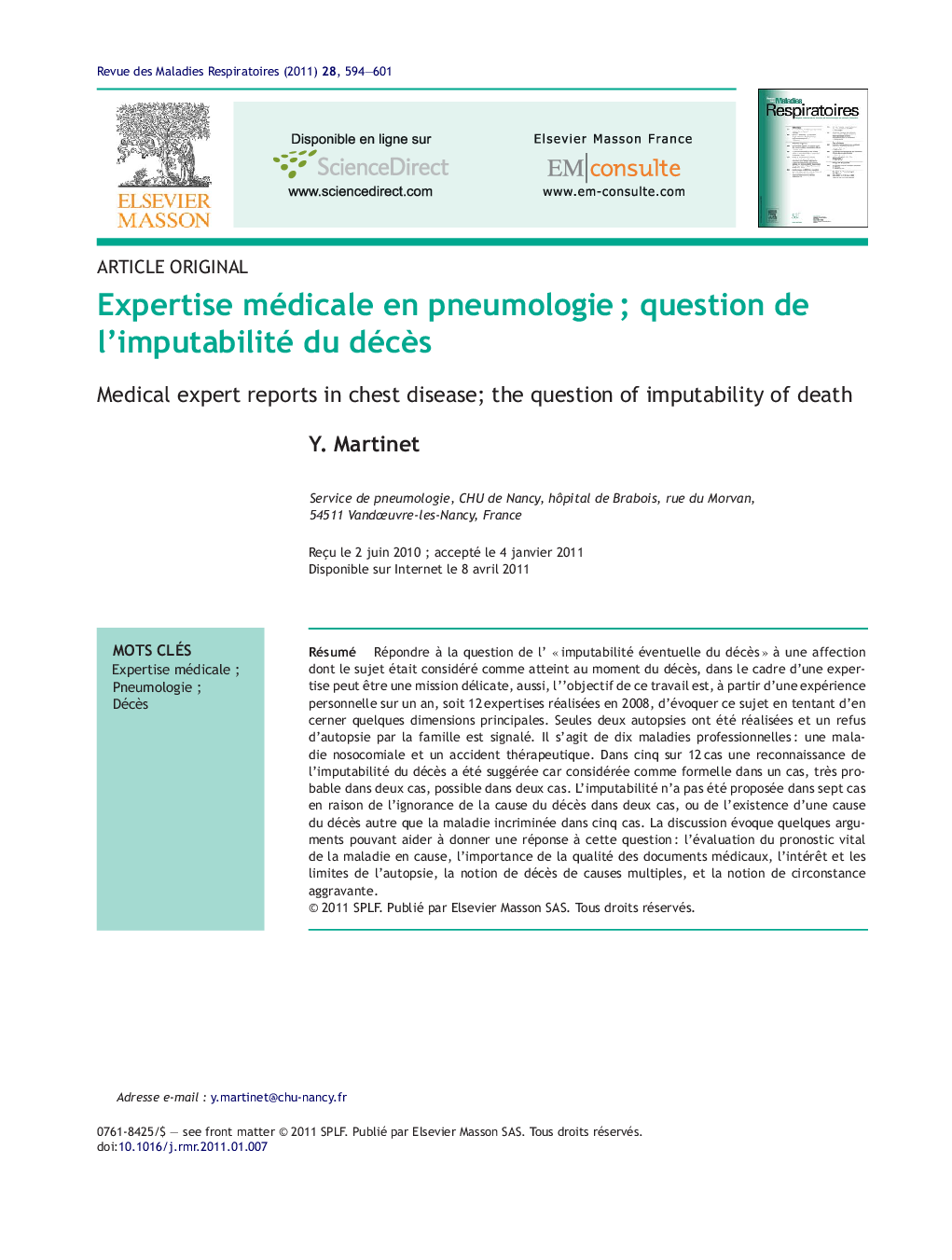 Expertise médicale en pneumologieÂ ; question de l'imputabilité du décÃ¨s