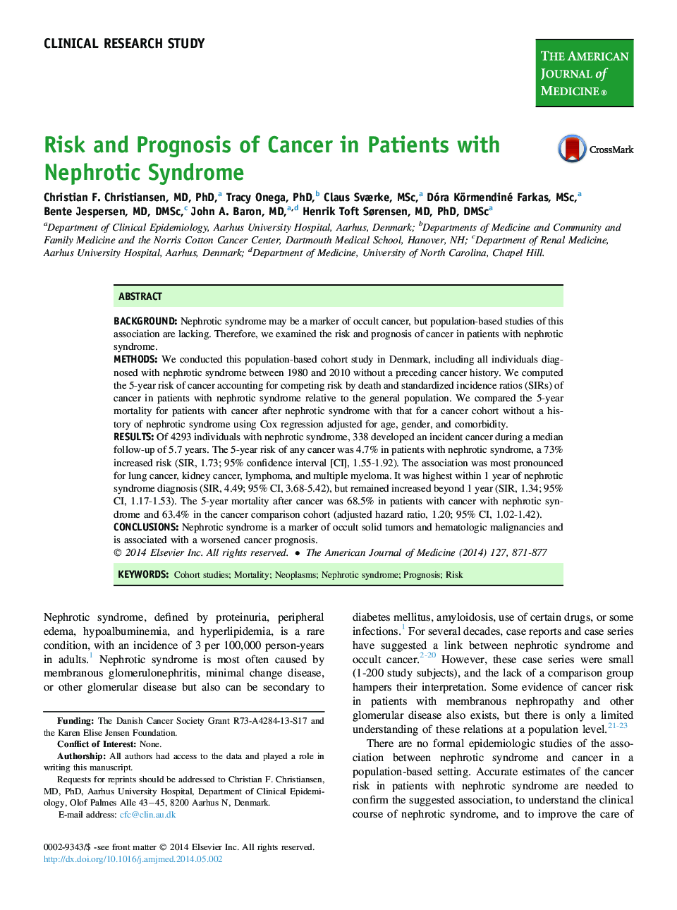 Risk and Prognosis of Cancer in Patients with Nephrotic Syndrome