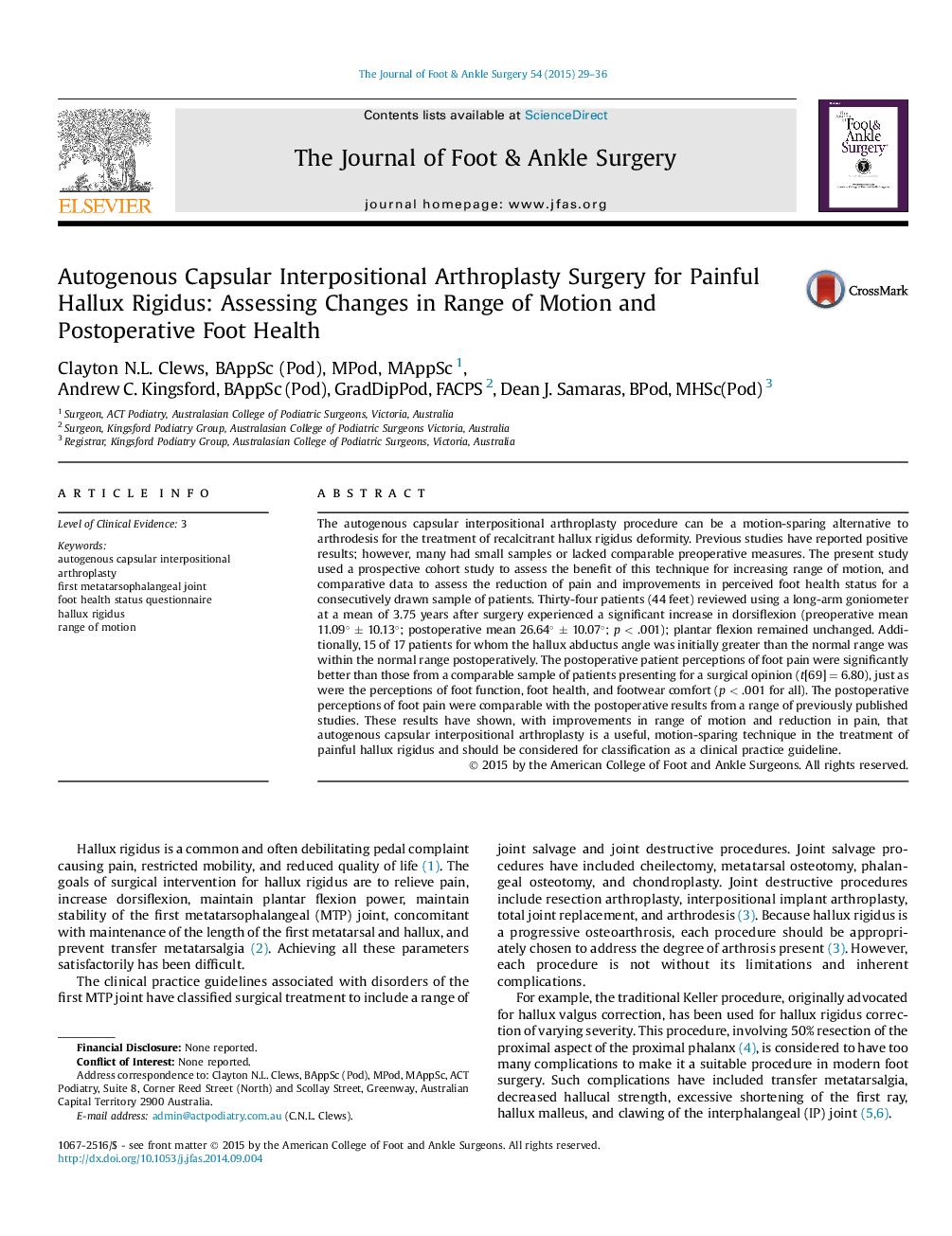 Autogenous Capsular Interpositional Arthroplasty Surgery for Painful Hallux Rigidus: Assessing Changes in Range of Motion and Postoperative Foot Health 