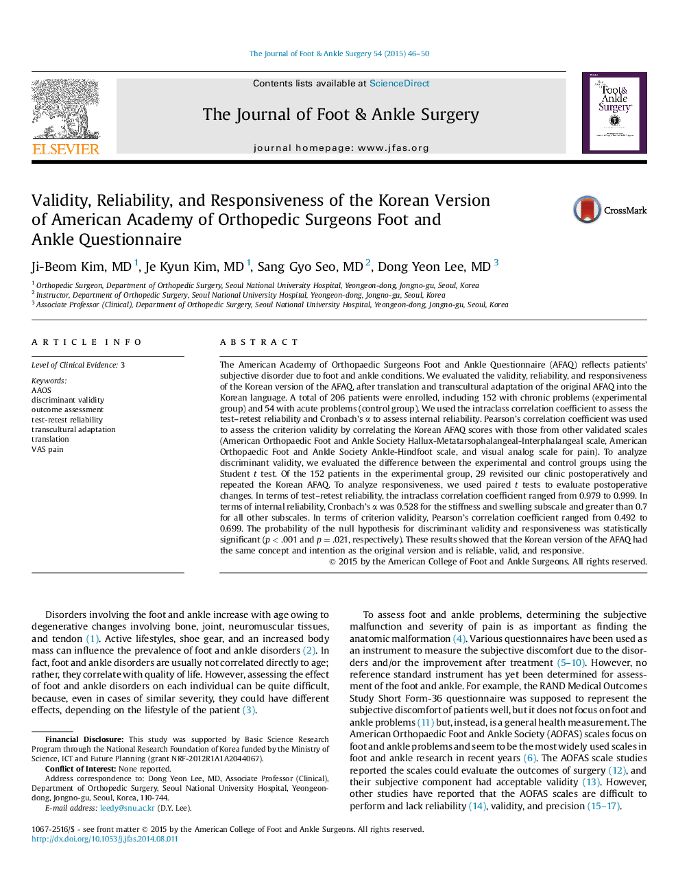 Validity, Reliability, and Responsiveness of the Korean Version of American Academy of Orthopedic Surgeons Foot and Ankle Questionnaire 