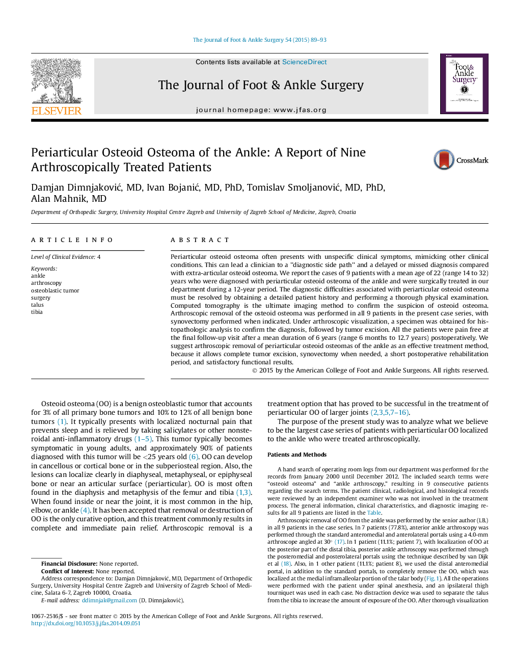 Periarticular Osteoid Osteoma of the Ankle: A Report of Nine Arthroscopically Treated Patients 