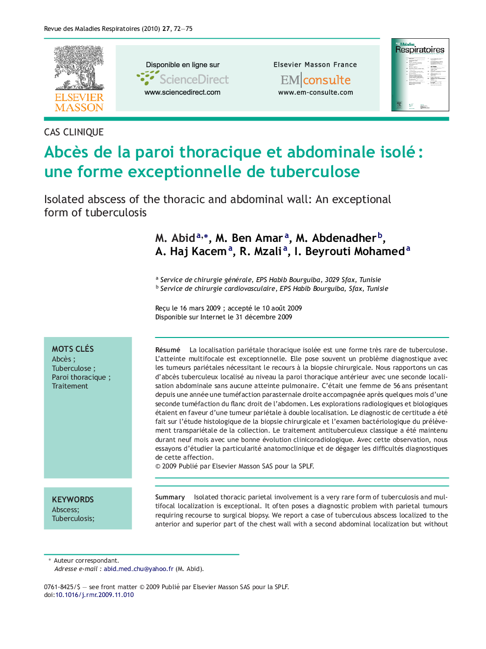 AbcÃ¨s de la paroi thoracique et abdominale isoléÂ : une forme exceptionnelle de tuberculose