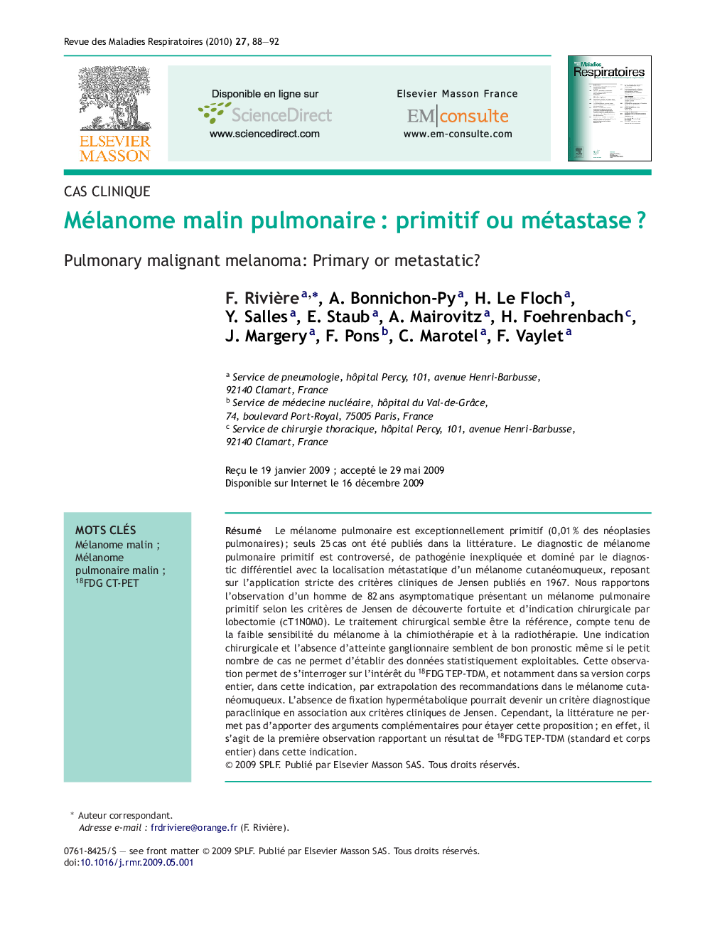 Mélanome malin pulmonaireÂ : primitif ou métastaseÂ ?