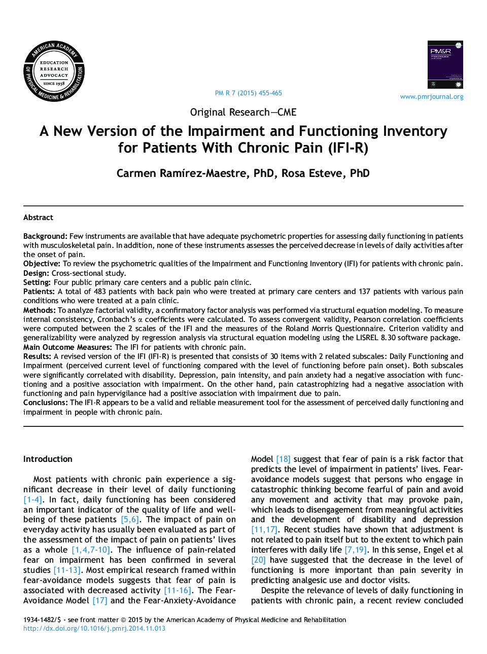 A New Version of the Impairment and Functioning Inventory forÂ Patients With Chronic Pain (IFI-R)