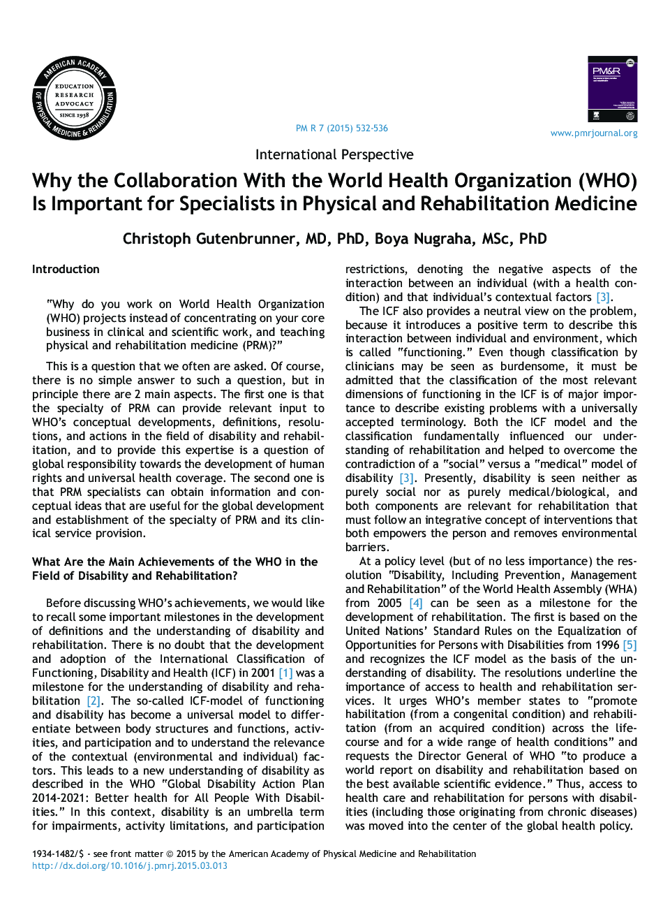 Why the Collaboration With the World Health Organization (WHO) Is Important for Specialists in Physical and Rehabilitation Medicine