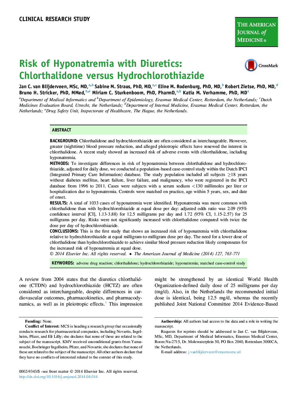 Risk of Hyponatremia with Diuretics: Chlorthalidone versus Hydrochlorothiazide 