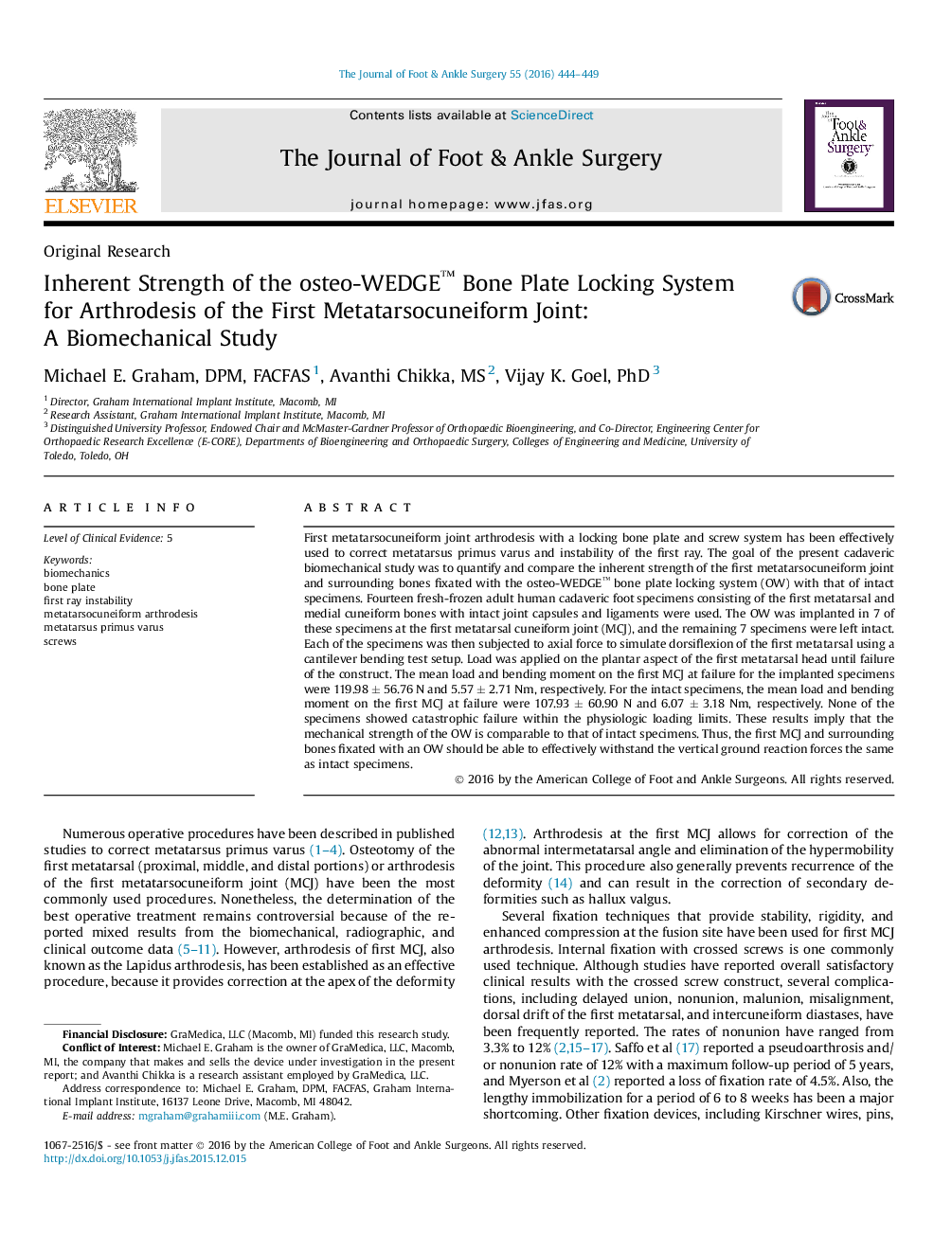 Inherent Strength of the osteo-WEDGE™ Bone Plate Locking System for Arthrodesis of the First Metatarsocuneiform Joint: A Biomechanical Study 