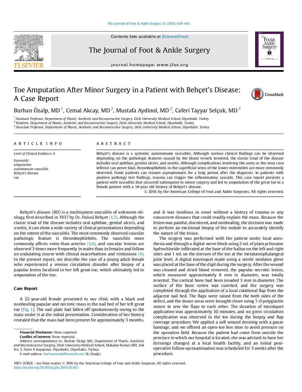 Toe Amputation After Minor Surgery in a Patient with Behçet's Disease: A Case Report 