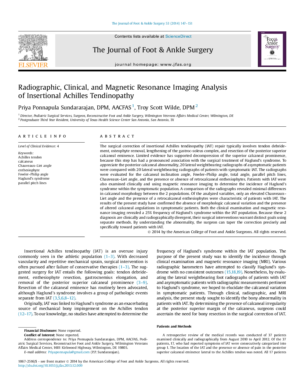 Radiographic, Clinical, and Magnetic Resonance Imaging Analysis of Insertional Achilles Tendinopathy 