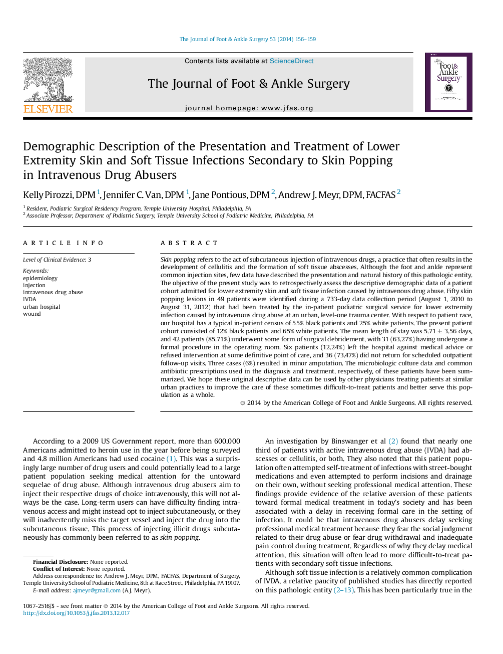 Demographic Description of the Presentation and Treatment of Lower Extremity Skin and Soft Tissue Infections Secondary to Skin Popping in Intravenous Drug Abusers 