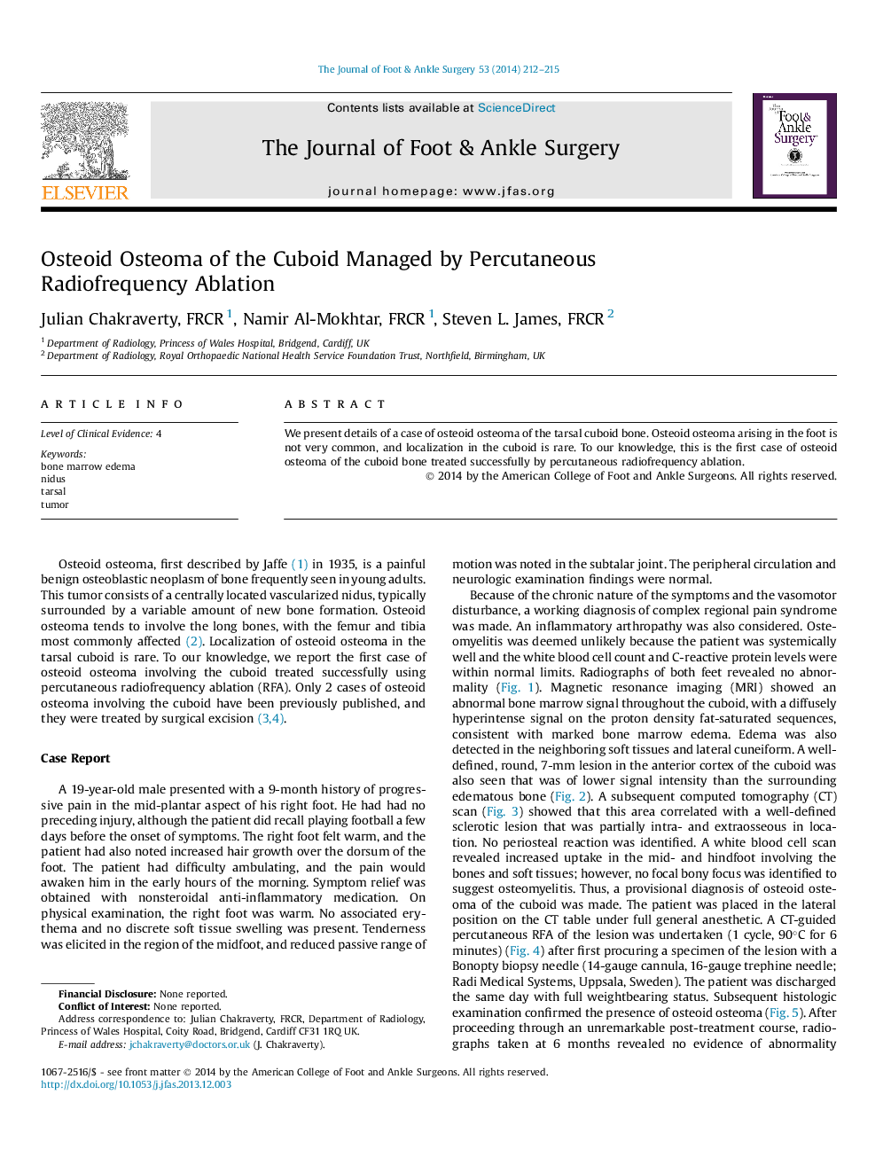 Osteoid Osteoma of the Cuboid Managed by Percutaneous Radiofrequency Ablation 