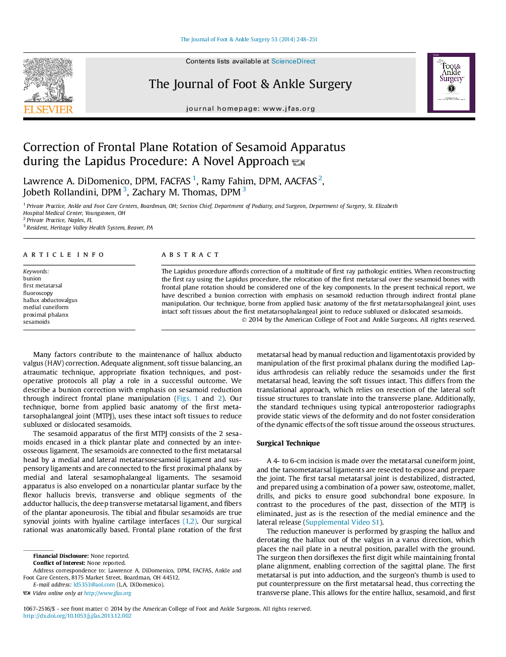 Correction of Frontal Plane Rotation of Sesamoid Apparatus during the Lapidus Procedure: A Novel Approach 