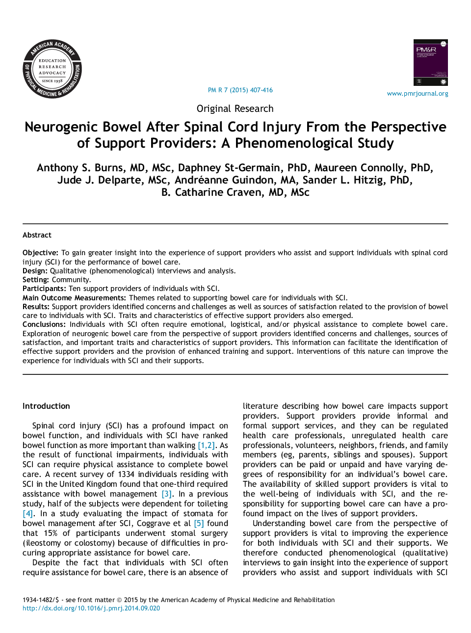 Neurogenic Bowel After Spinal Cord Injury From the Perspective of Support Providers: A Phenomenological Study 