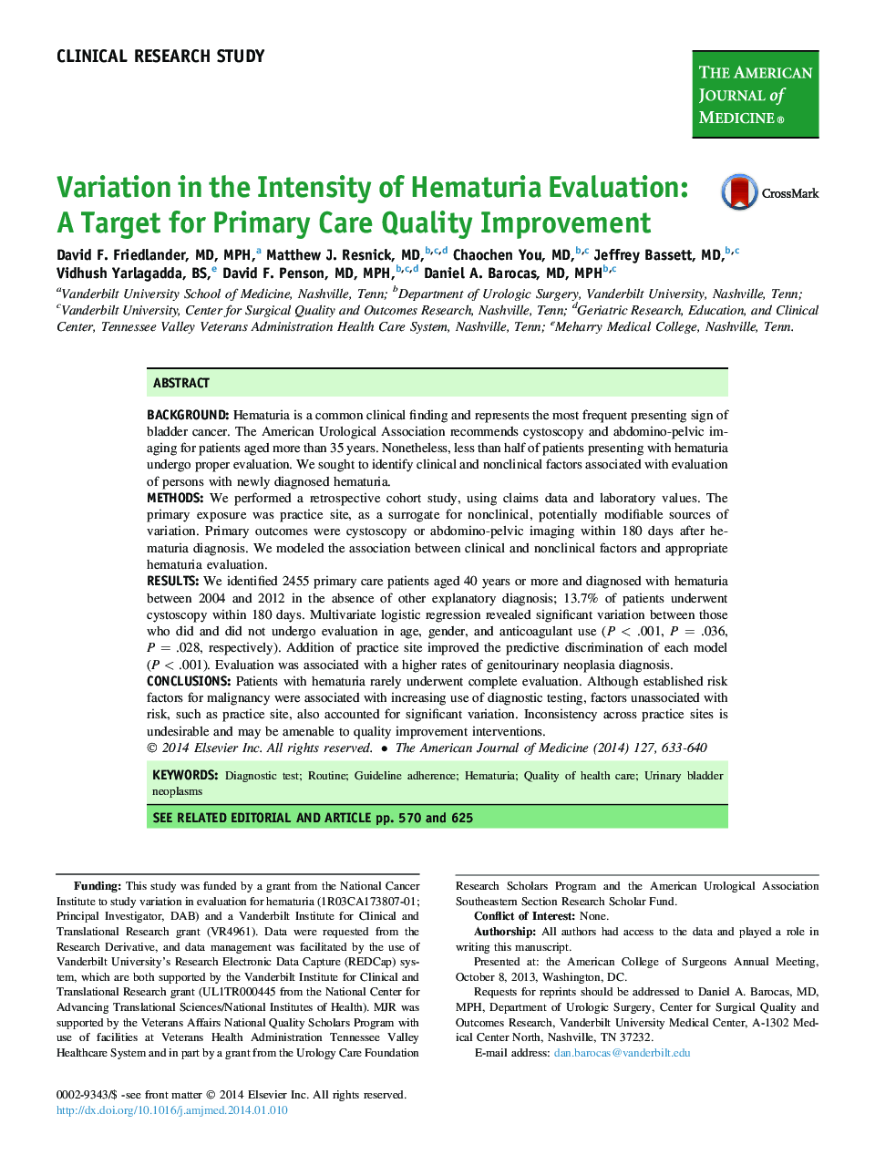 Variation in the Intensity of Hematuria Evaluation: A Target for Primary Care Quality Improvement