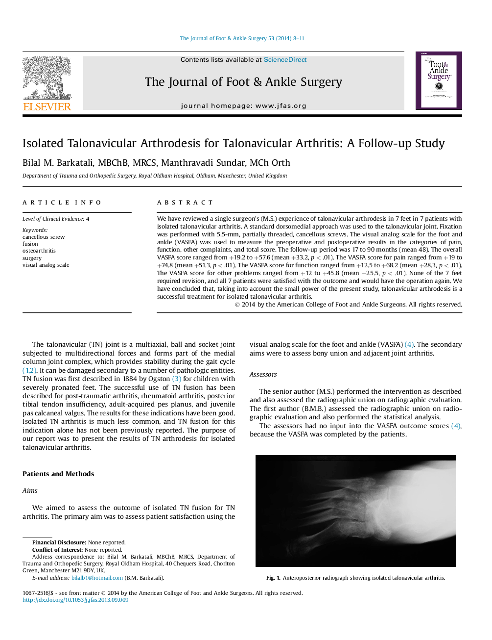 Isolated Talonavicular Arthrodesis for Talonavicular Arthritis: A Follow-up Study 