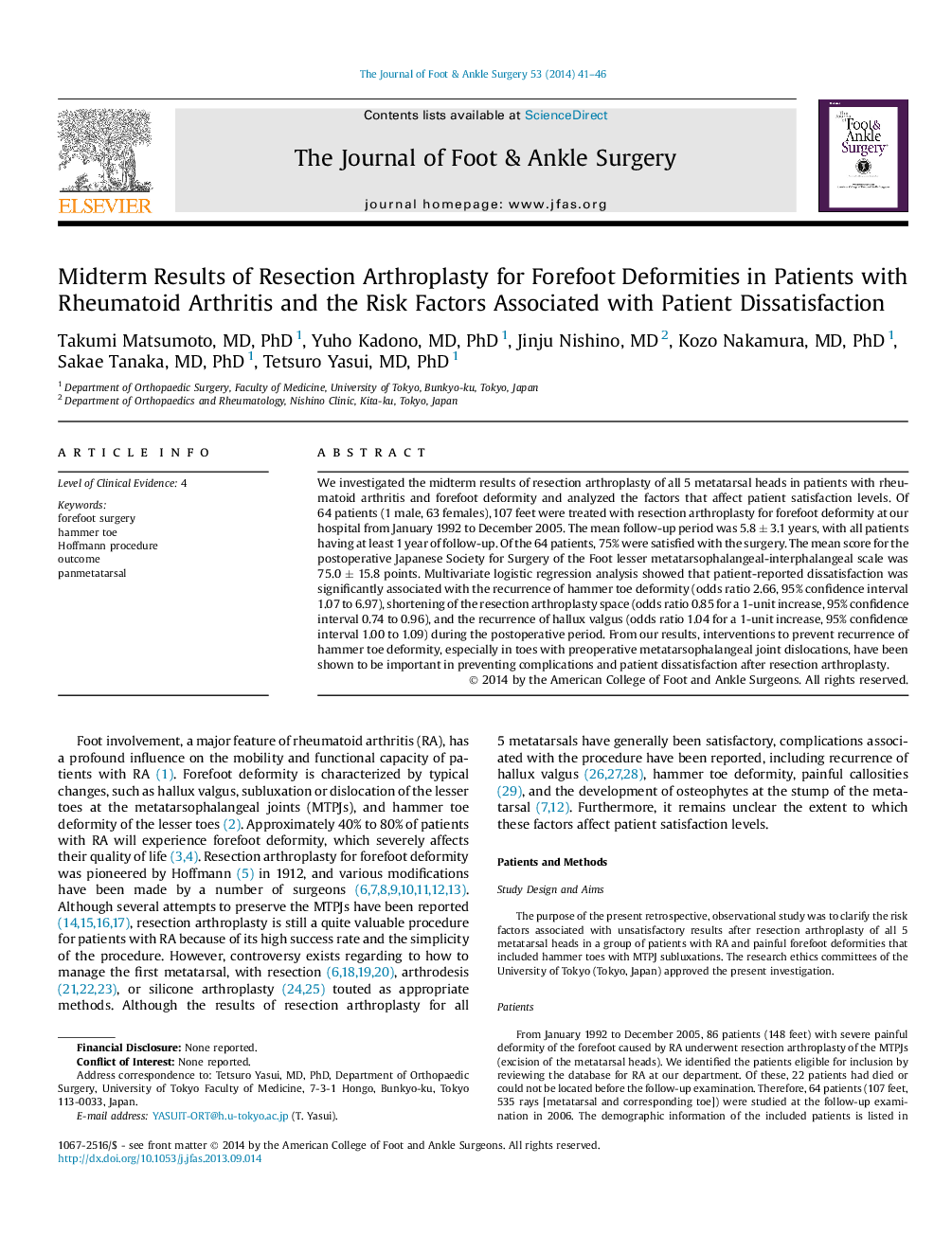 Midterm Results of Resection Arthroplasty for Forefoot Deformities in Patients with Rheumatoid Arthritis and the Risk Factors Associated with Patient Dissatisfaction 