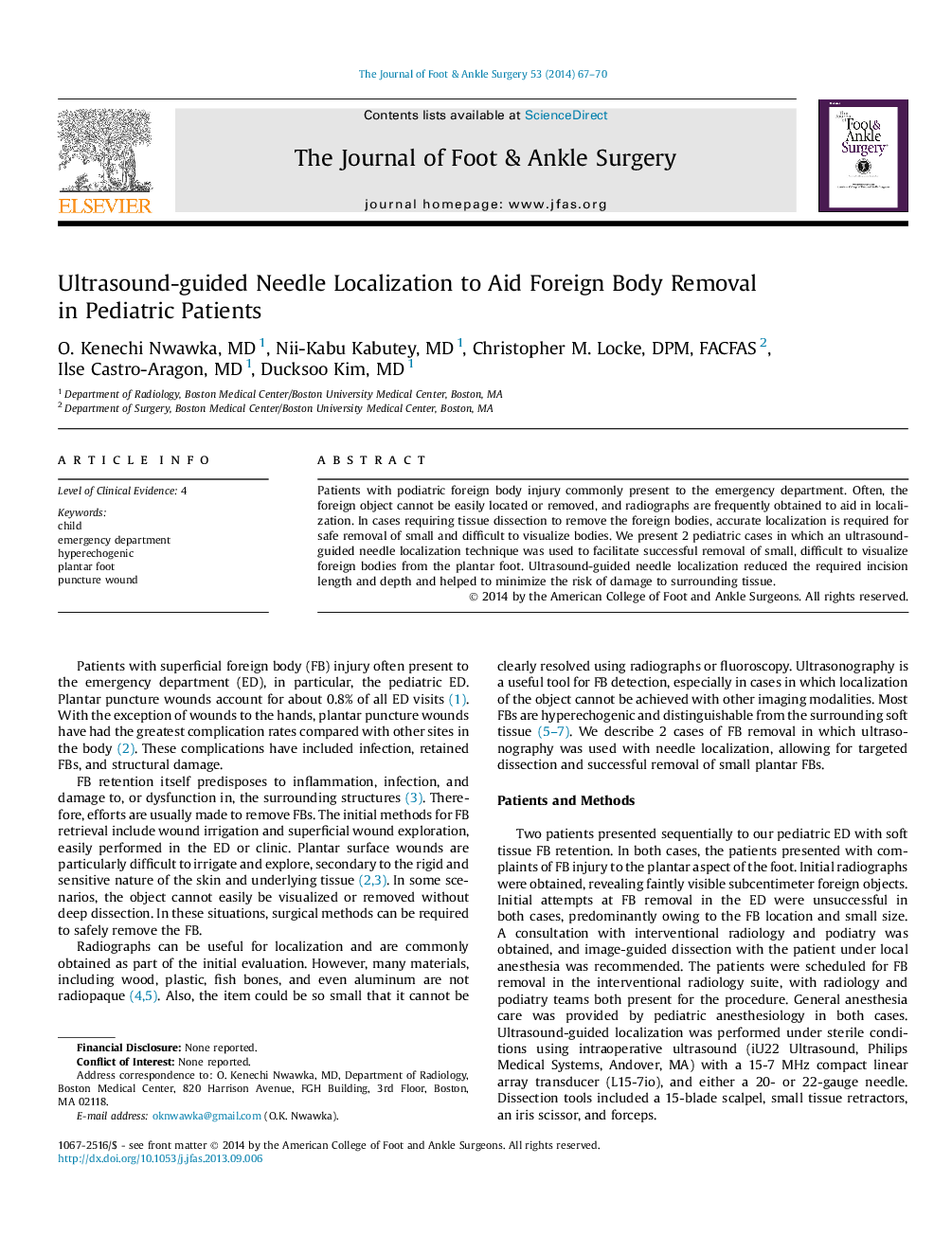 Ultrasound-guided Needle Localization to Aid Foreign Body Removal in Pediatric Patients 